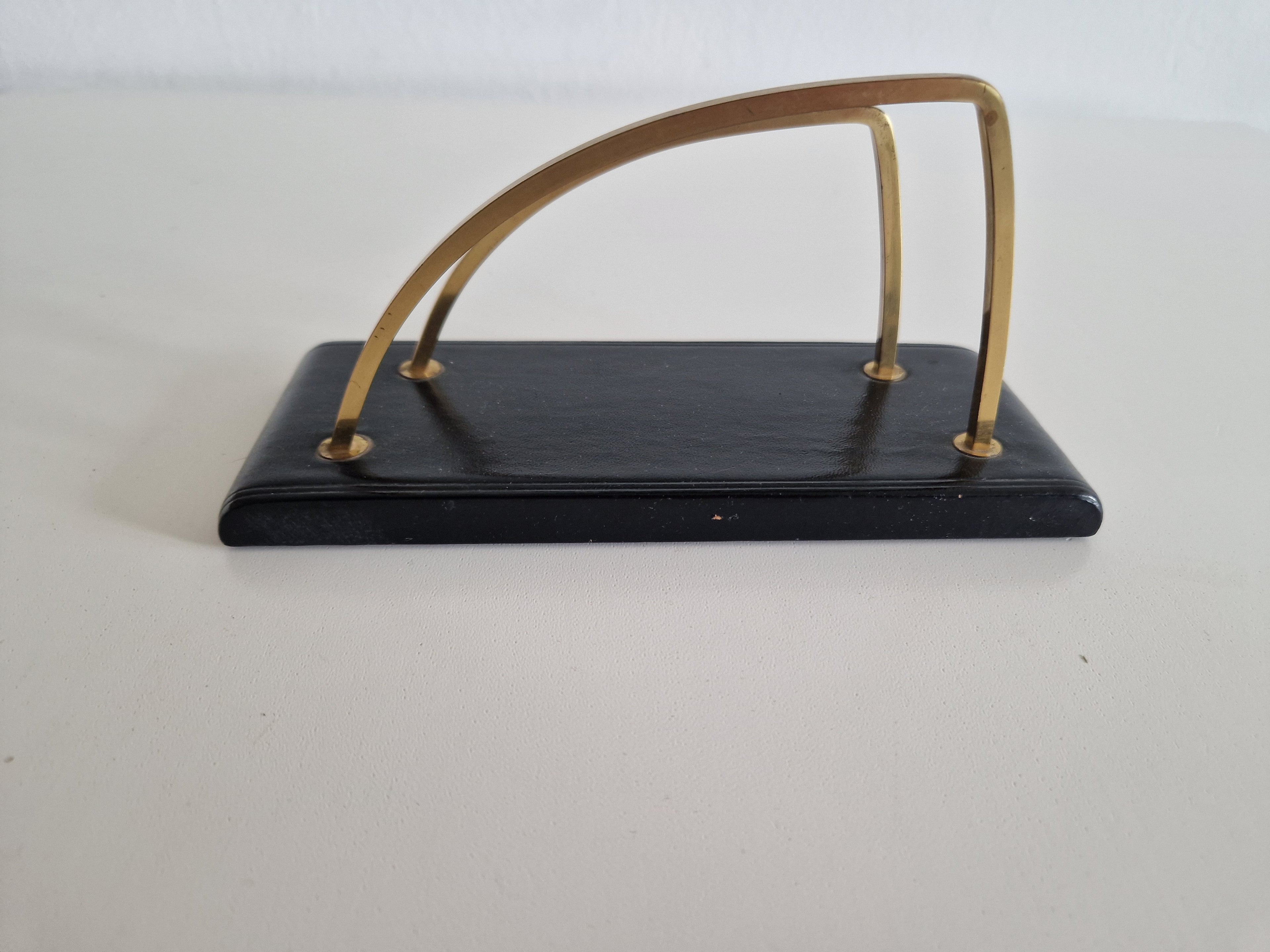 Vintage Mid-Century Brass & Black Lacquered Wood Desk Letter Holder