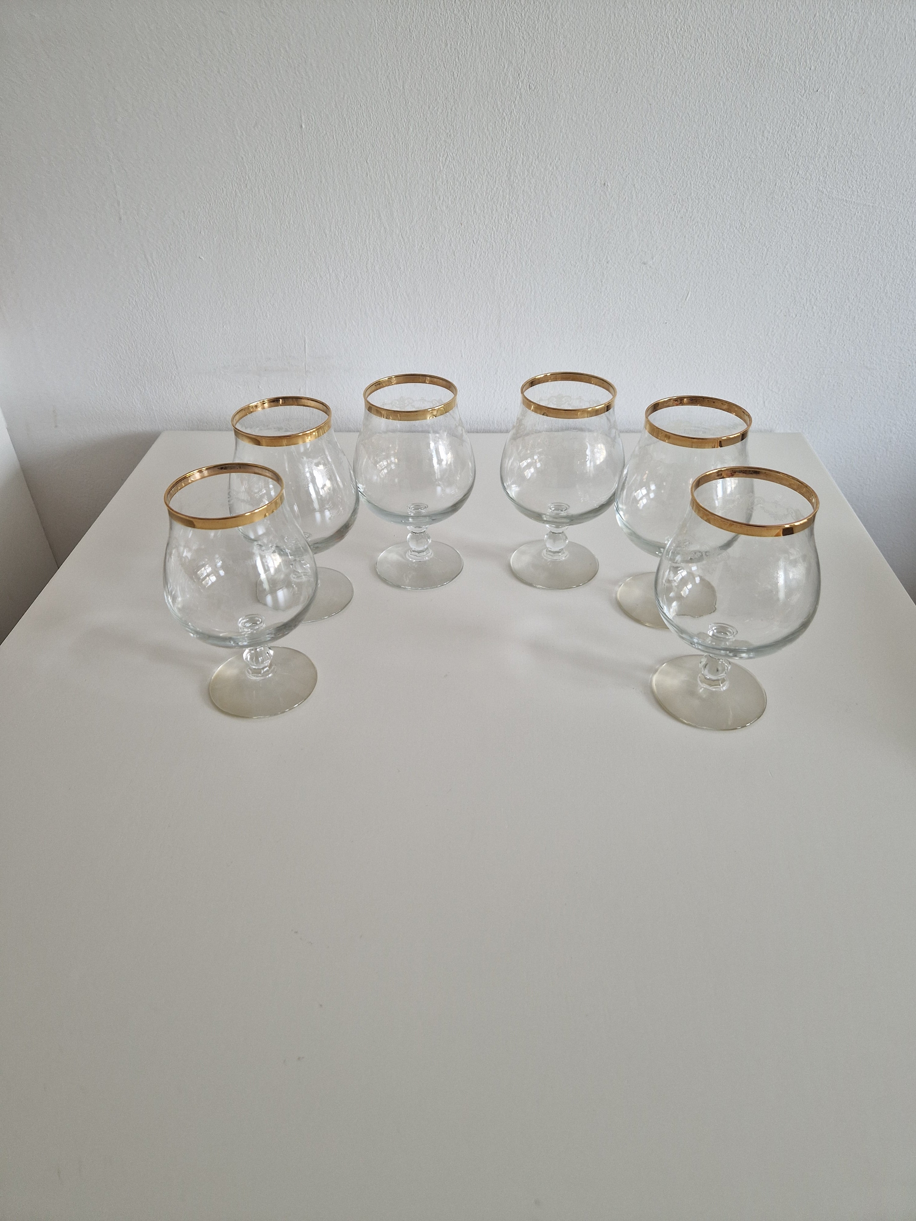 Set of 6 Vintage Engraved Glass Cognac Balloon Glasses with Gold Rim | Superb Condition