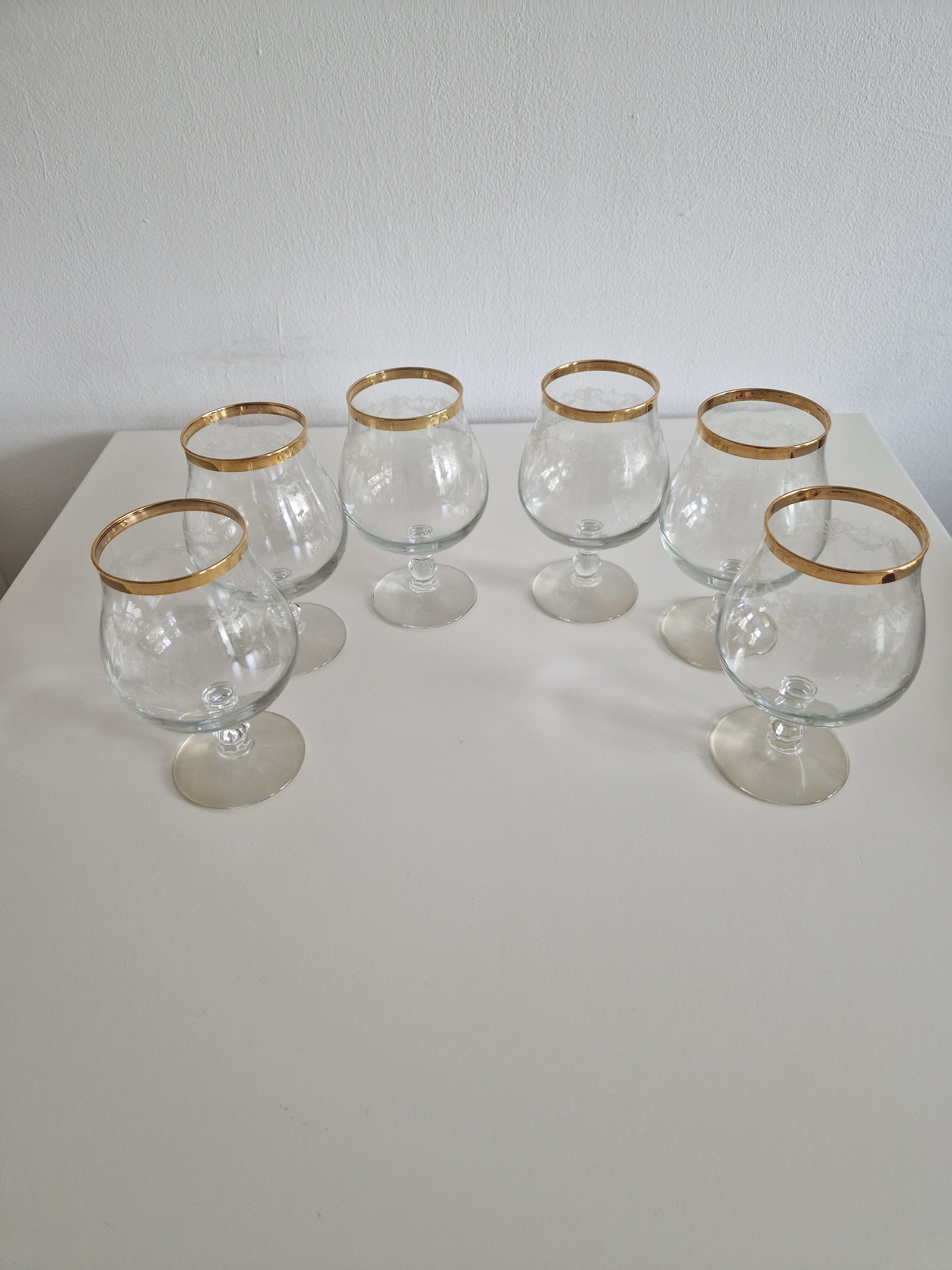 Set of 6 Vintage Engraved Glass Cognac Balloon Glasses with Gold Rim | Superb Condition