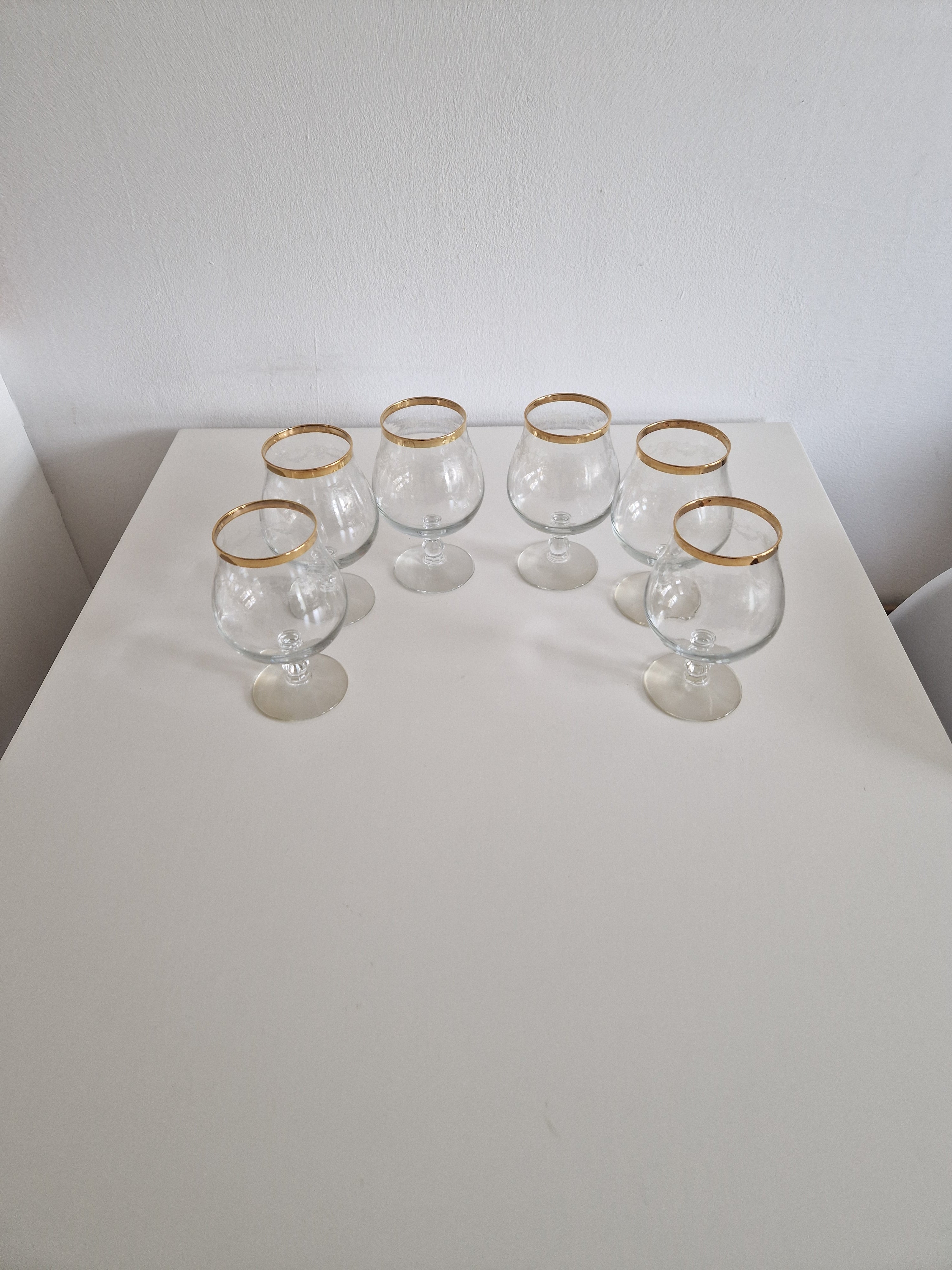 Set of 6 Vintage Engraved Glass Cognac Balloon Glasses with Gold Rim | Superb Condition