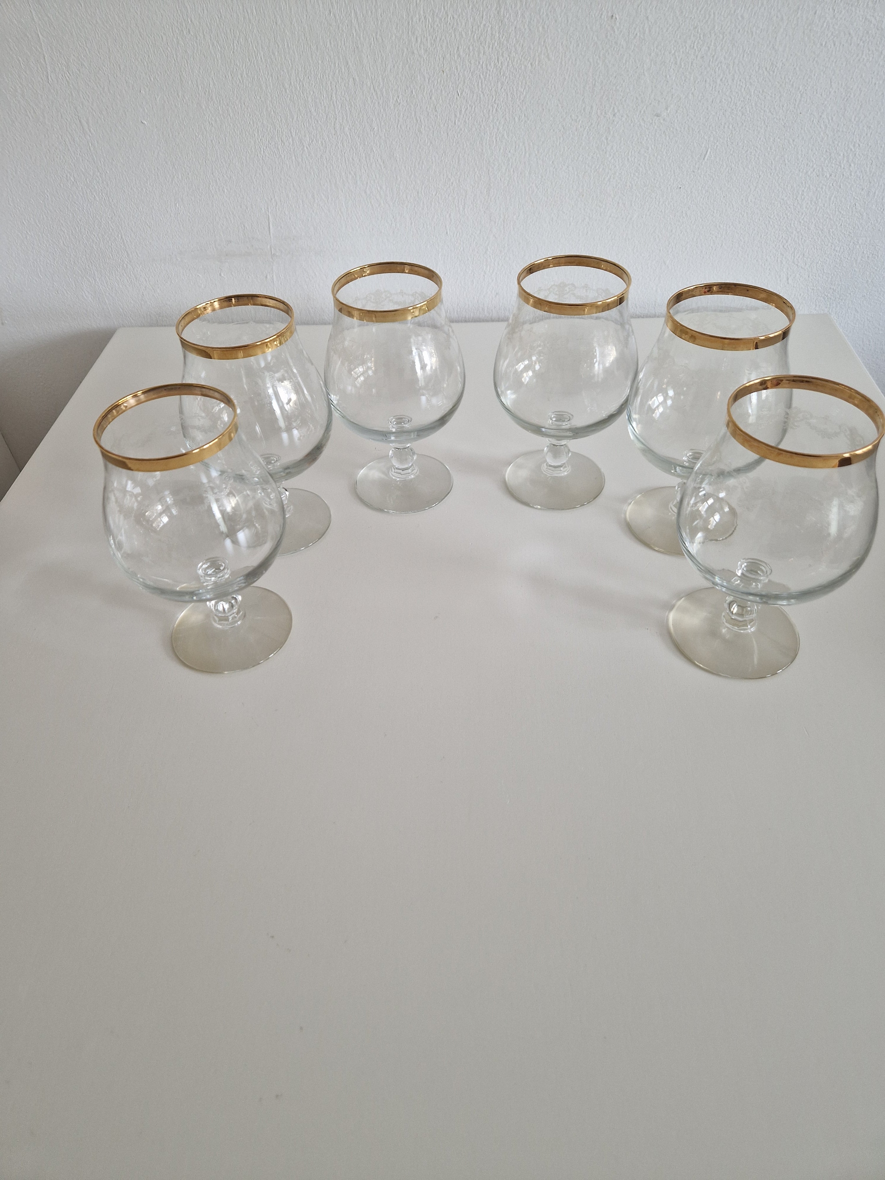 Set of 6 Vintage Engraved Glass Cognac Balloon Glasses with Gold Rim | Superb Condition