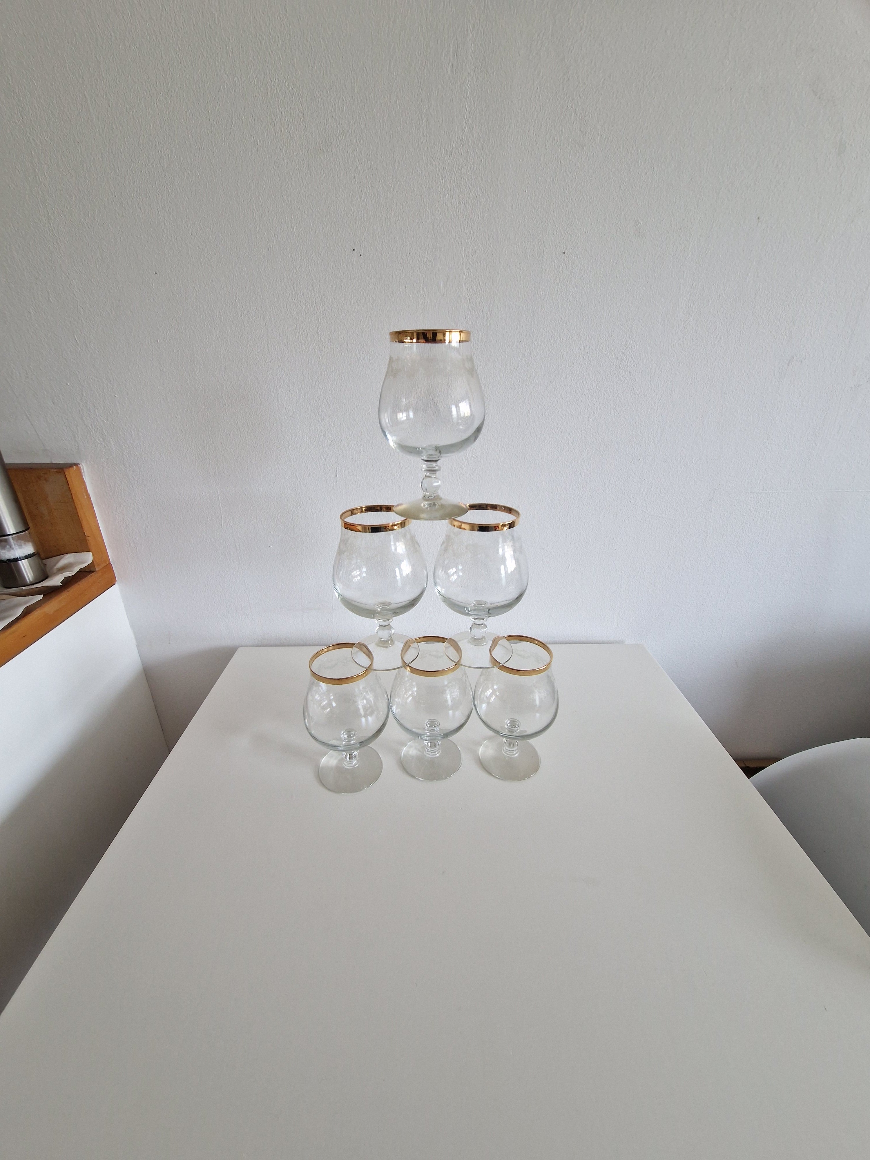Lot de 6 verres à cognac ballon vintage en verre gravé avec bord doré | Superbe état