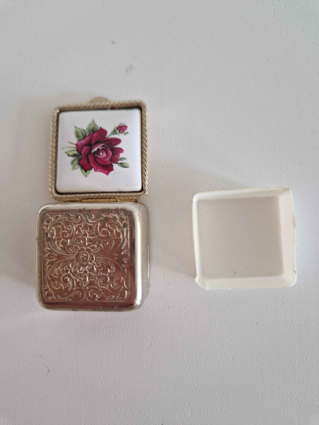 Charming Vintage Pill Box with Porcelain Rose Lid & Engraved Scrollwork