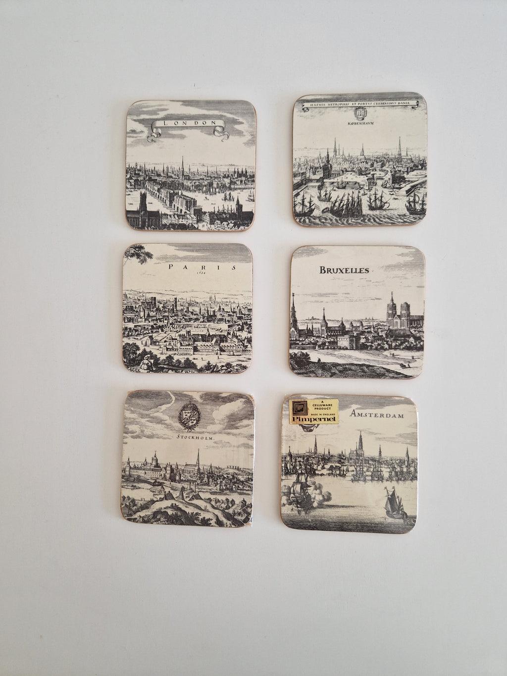 Vintage Pimpernel Untersetzer, 6er-Set – Stadtpanoramen aus dem Europa des 17. Jahrhunderts, hergestellt in England