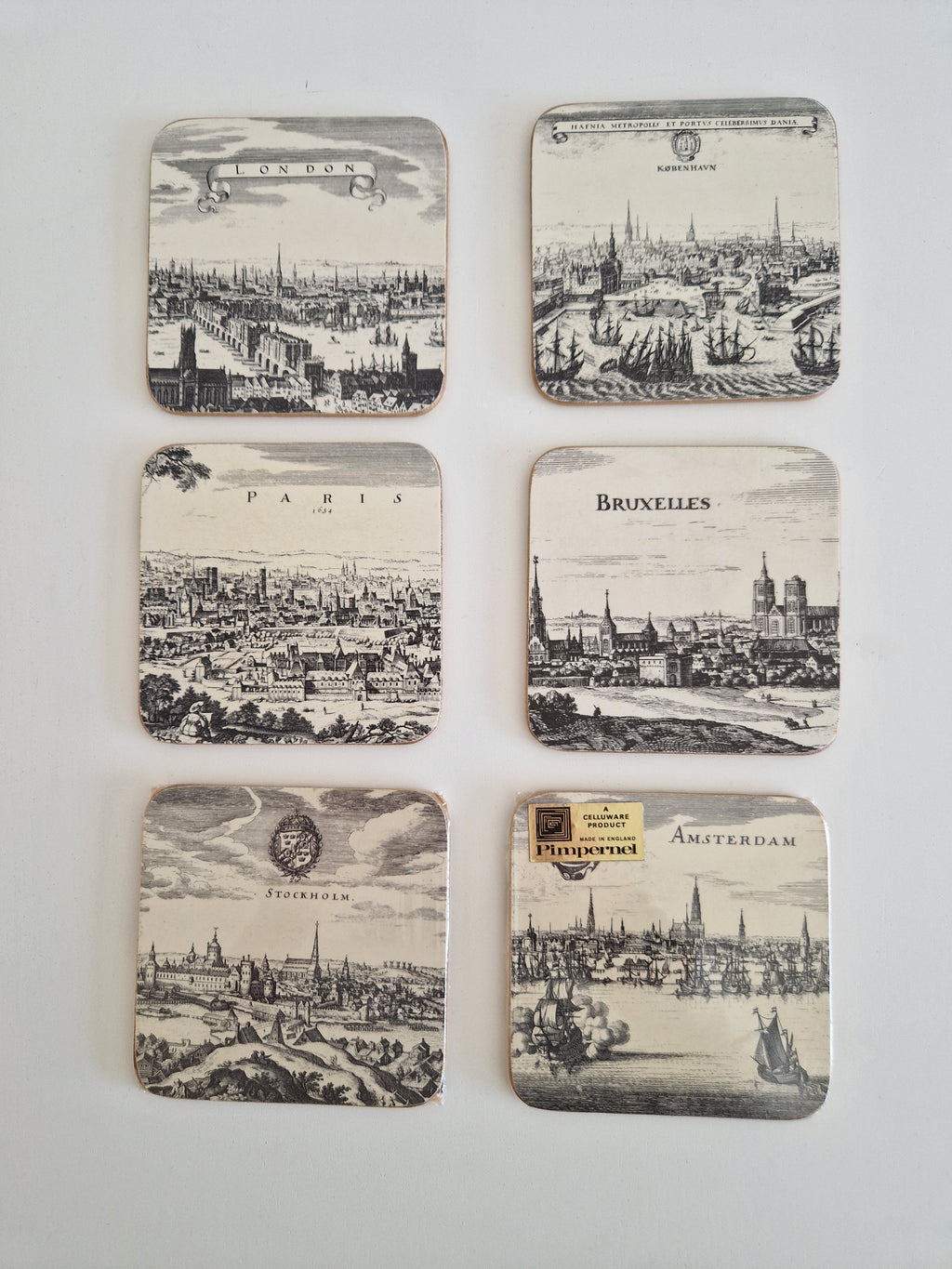 Vintage Pimpernel Untersetzer, 6er-Set – Stadtpanoramen aus dem Europa des 17. Jahrhunderts, hergestellt in England