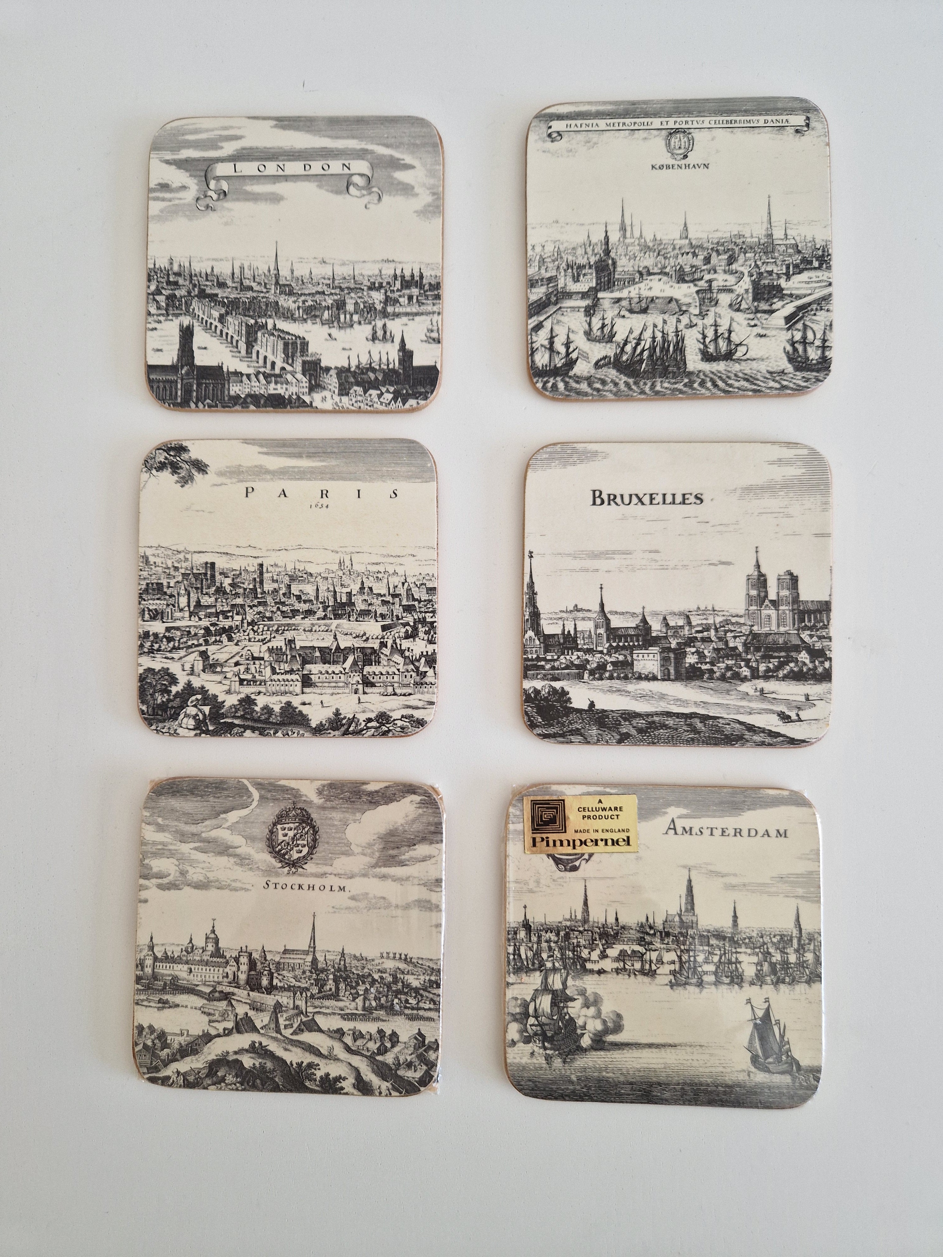 Vintage Coasters Pimpernel Set of 6 – 17th-Century European City Panoramas, Made in England