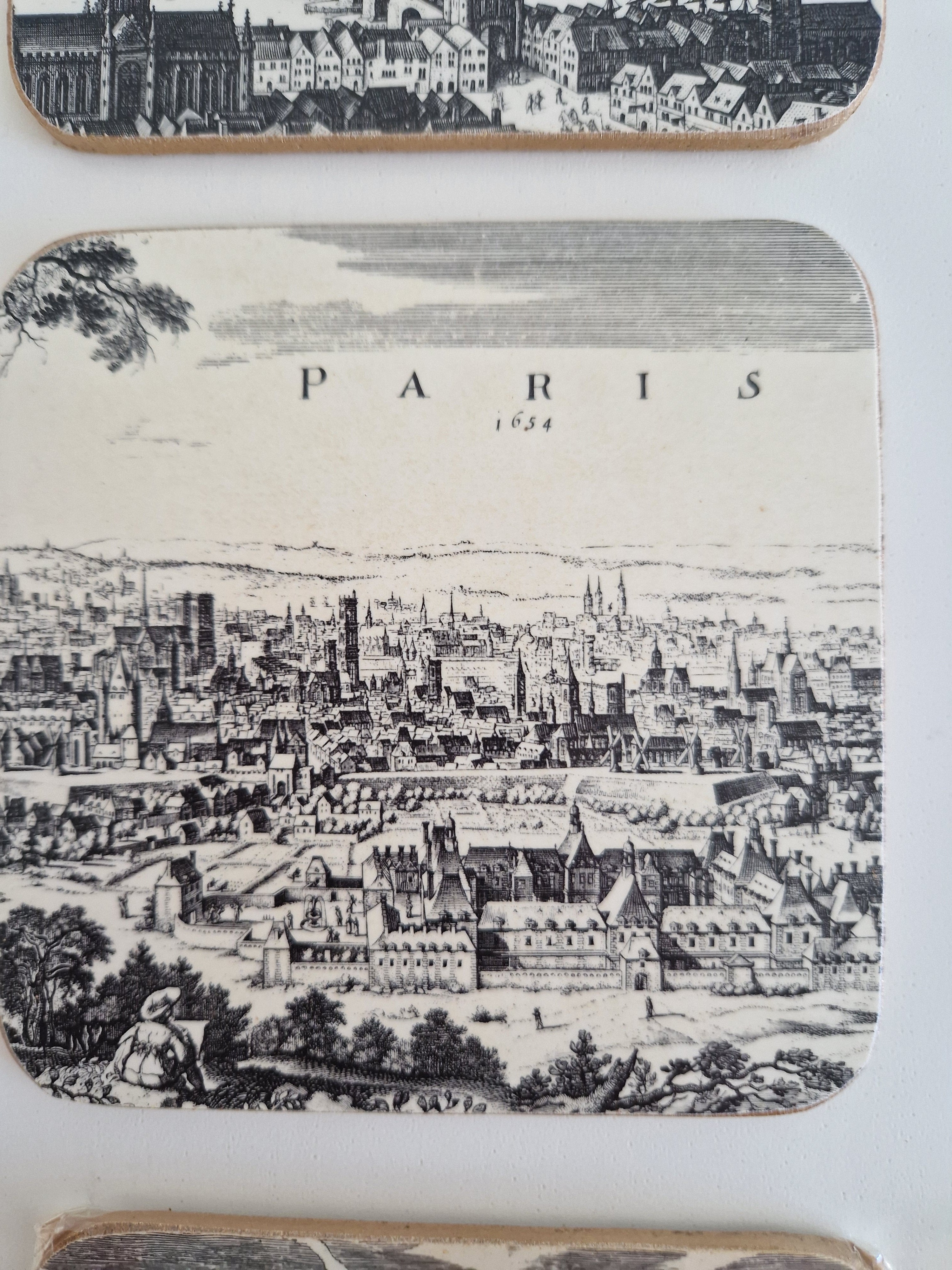 Vintage Pimpernel Untersetzer, 6er-Set – Stadtpanoramen aus dem Europa des 17. Jahrhunderts, hergestellt in England