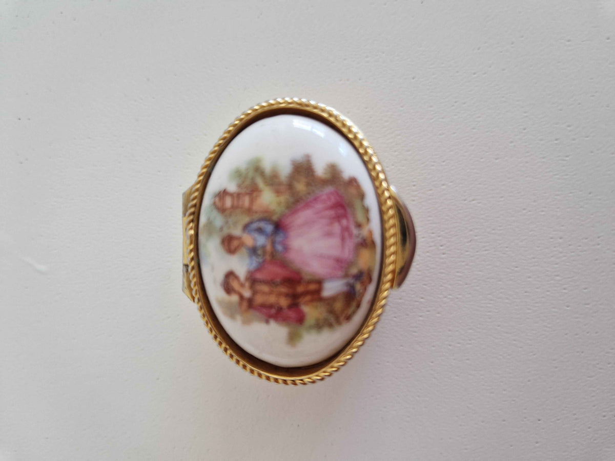 Exquisite Vintage Oval Pill Box with Fragonard Porcelain Lid and Pink Silk Interior