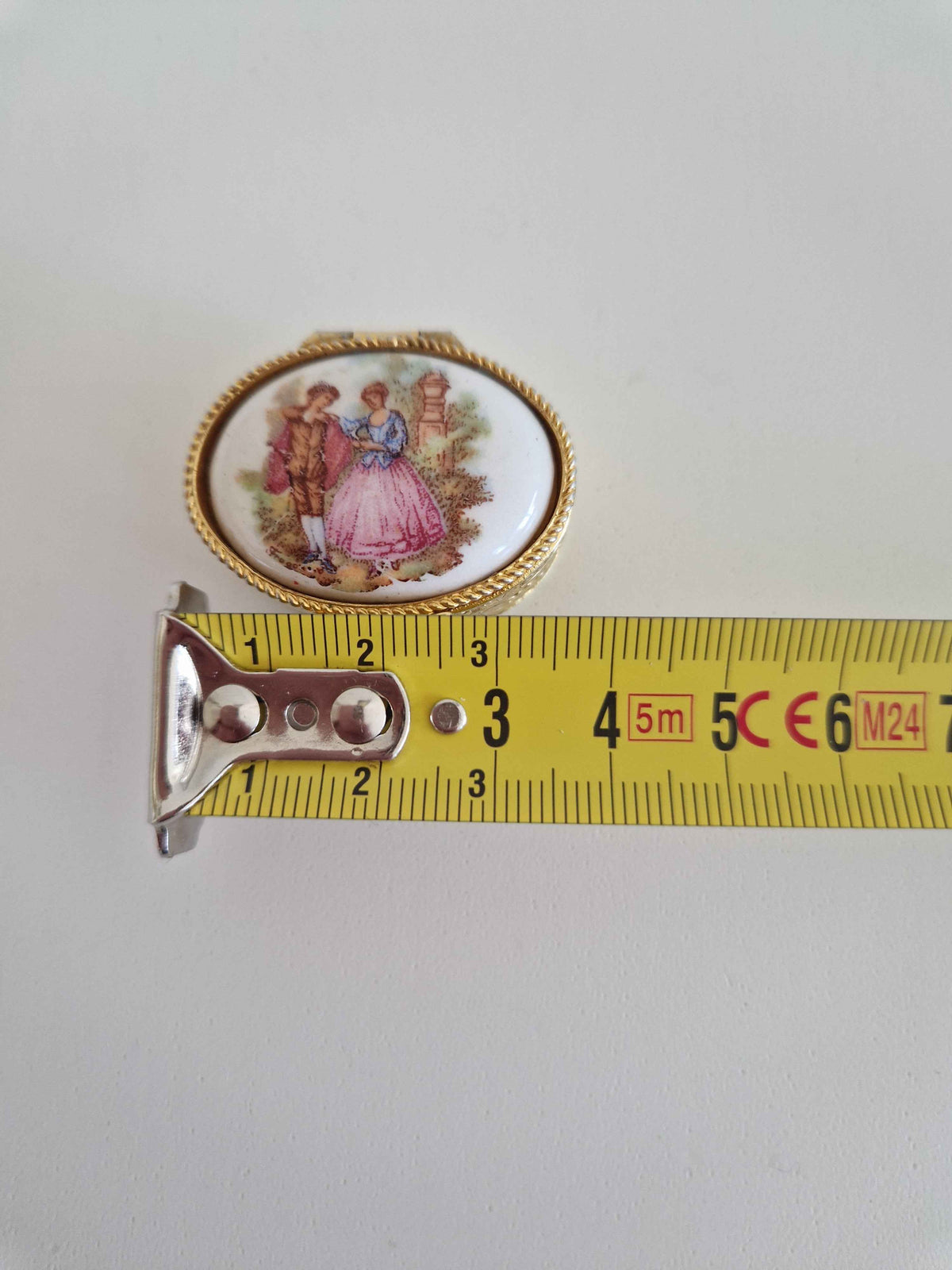Exquisite Vintage Oval Pill Box with Fragonard Porcelain Lid and Pink Silk Interior