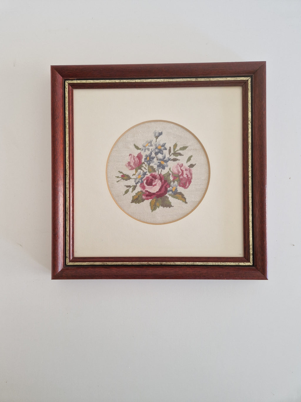 Vintage Framed Floral Needlepoint – Roses & Hydrangea Bouquet