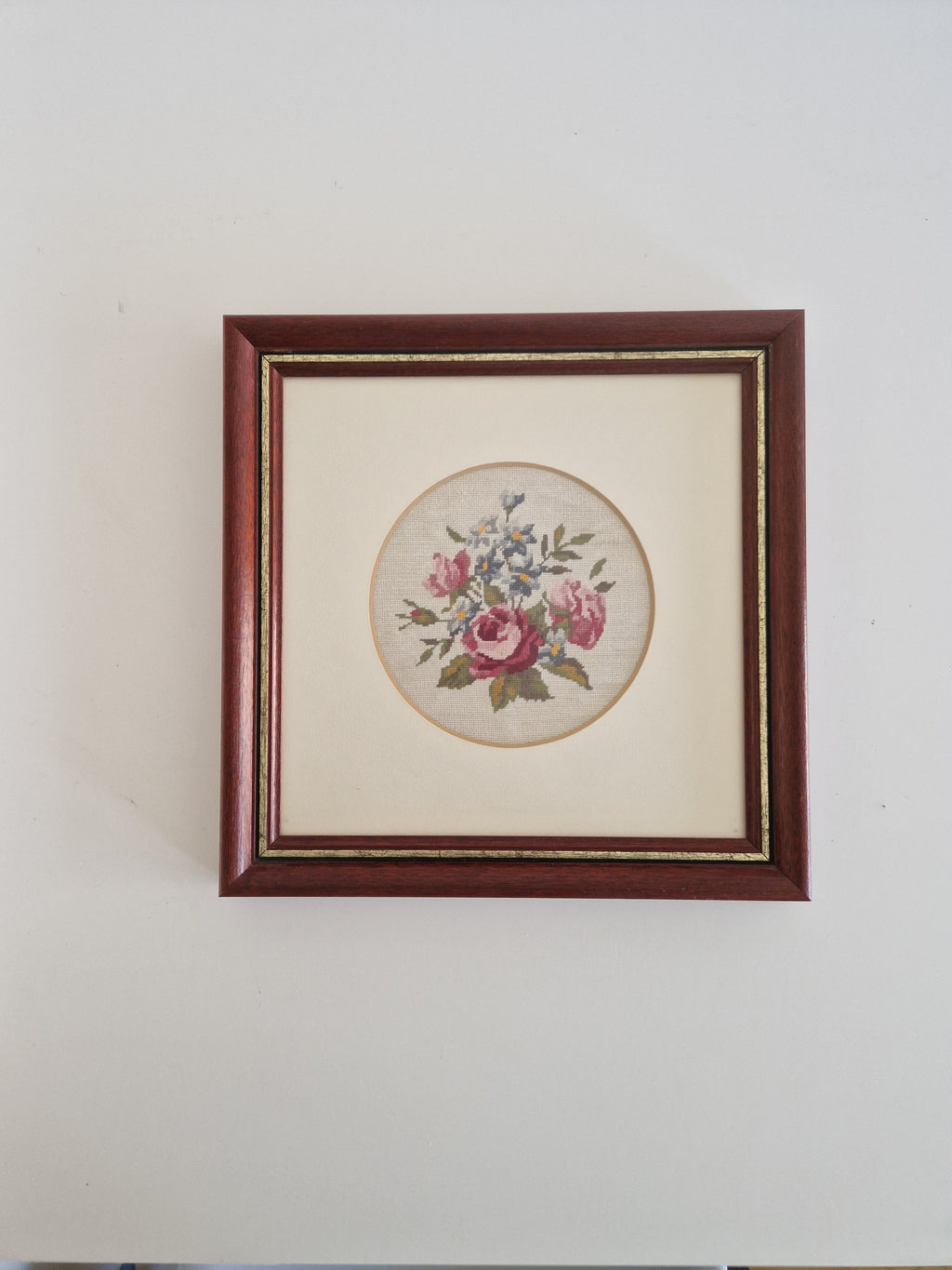 Vintage Framed Floral Needlepoint – Roses & Hydrangea Bouquet