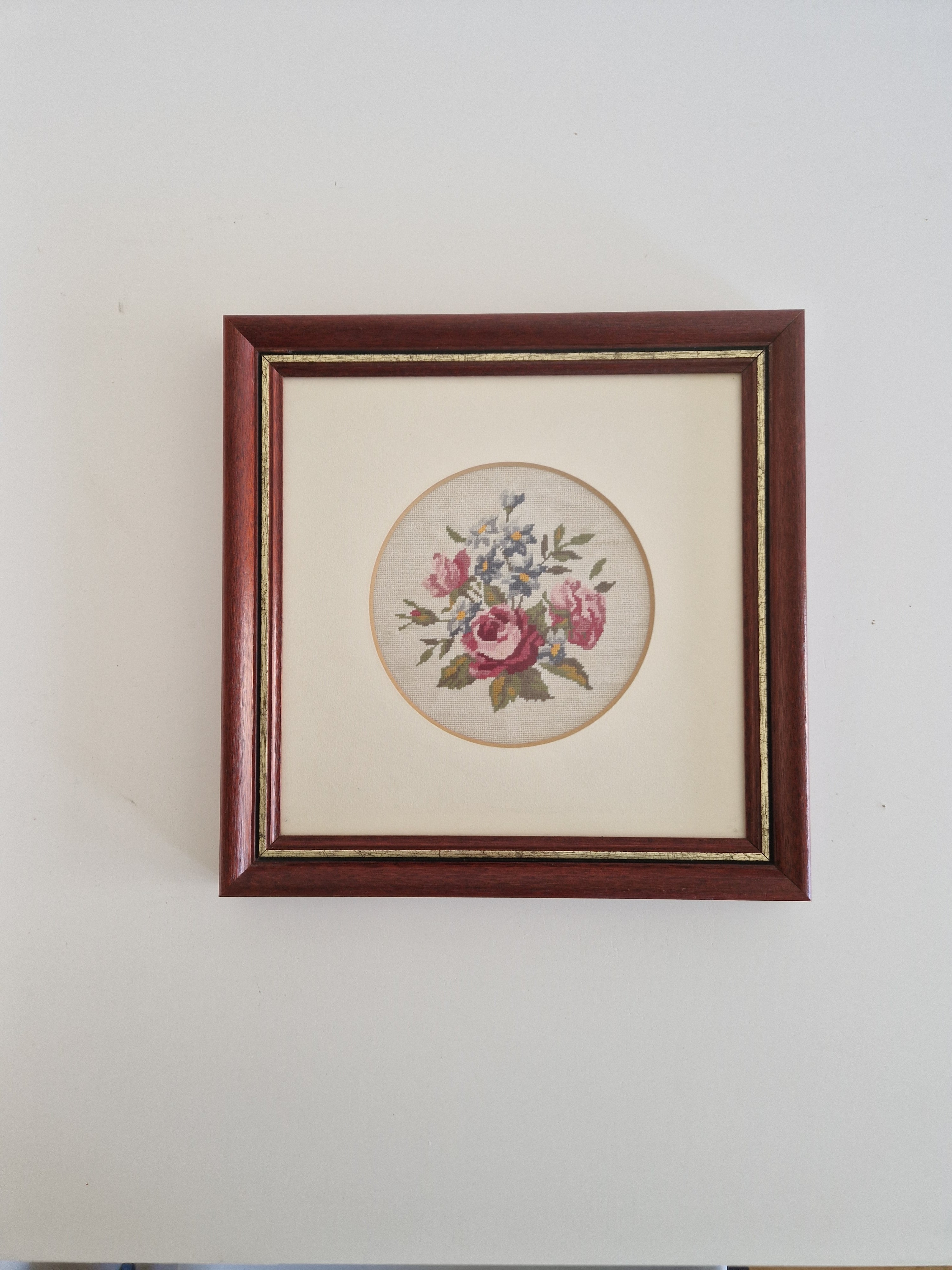 Vintage Framed Floral Needlepoint – Roses & Hydrangea Bouquet