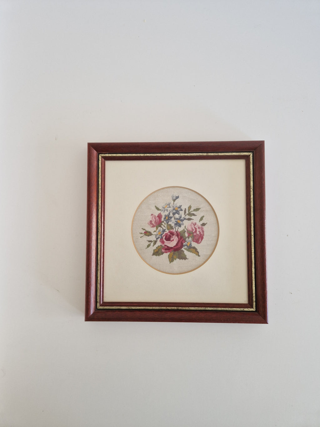 Vintage Framed Floral Needlepoint – Roses & Hydrangea Bouquet