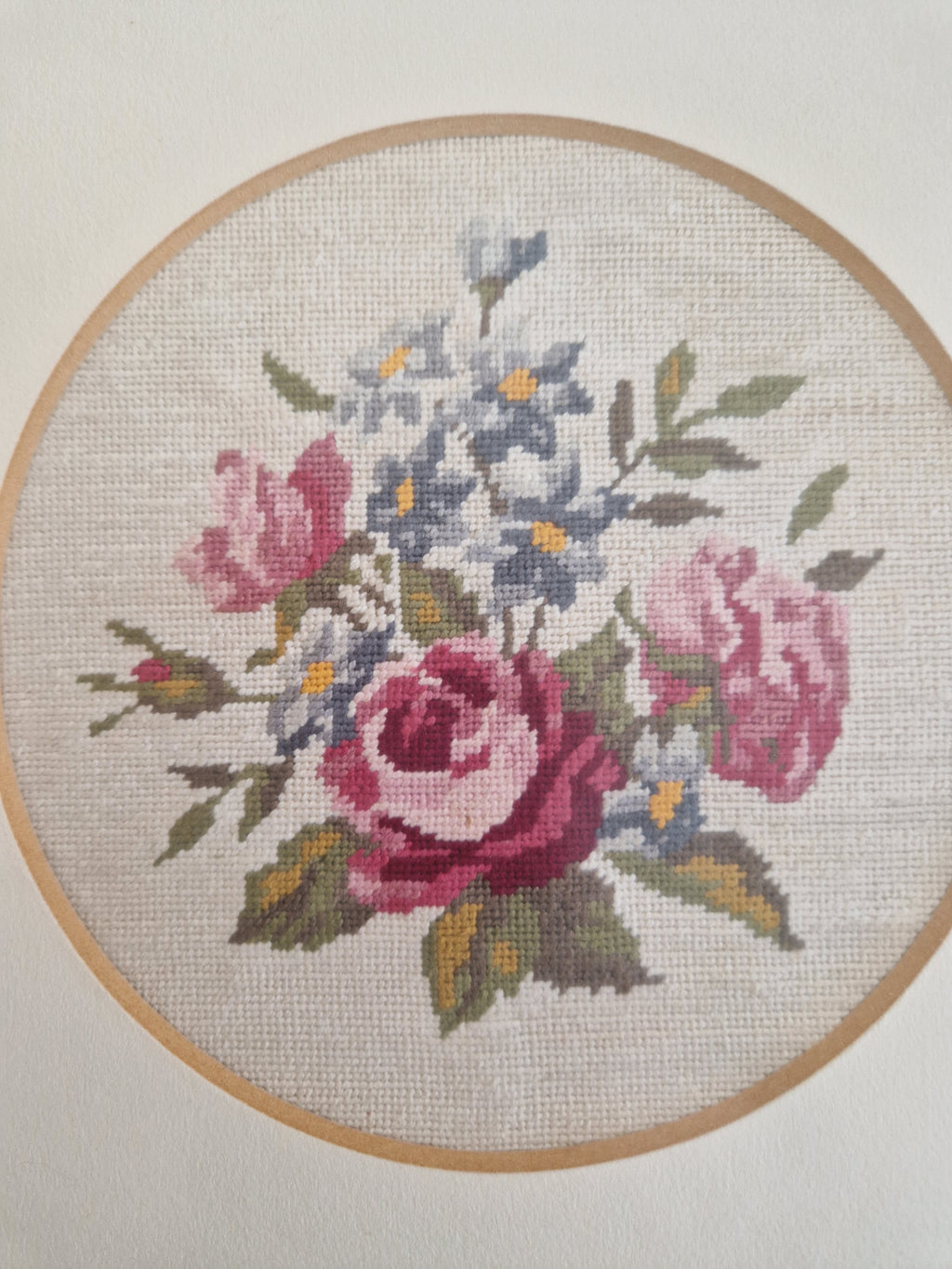 Vintage Framed Floral Needlepoint – Roses & Hydrangea Bouquet