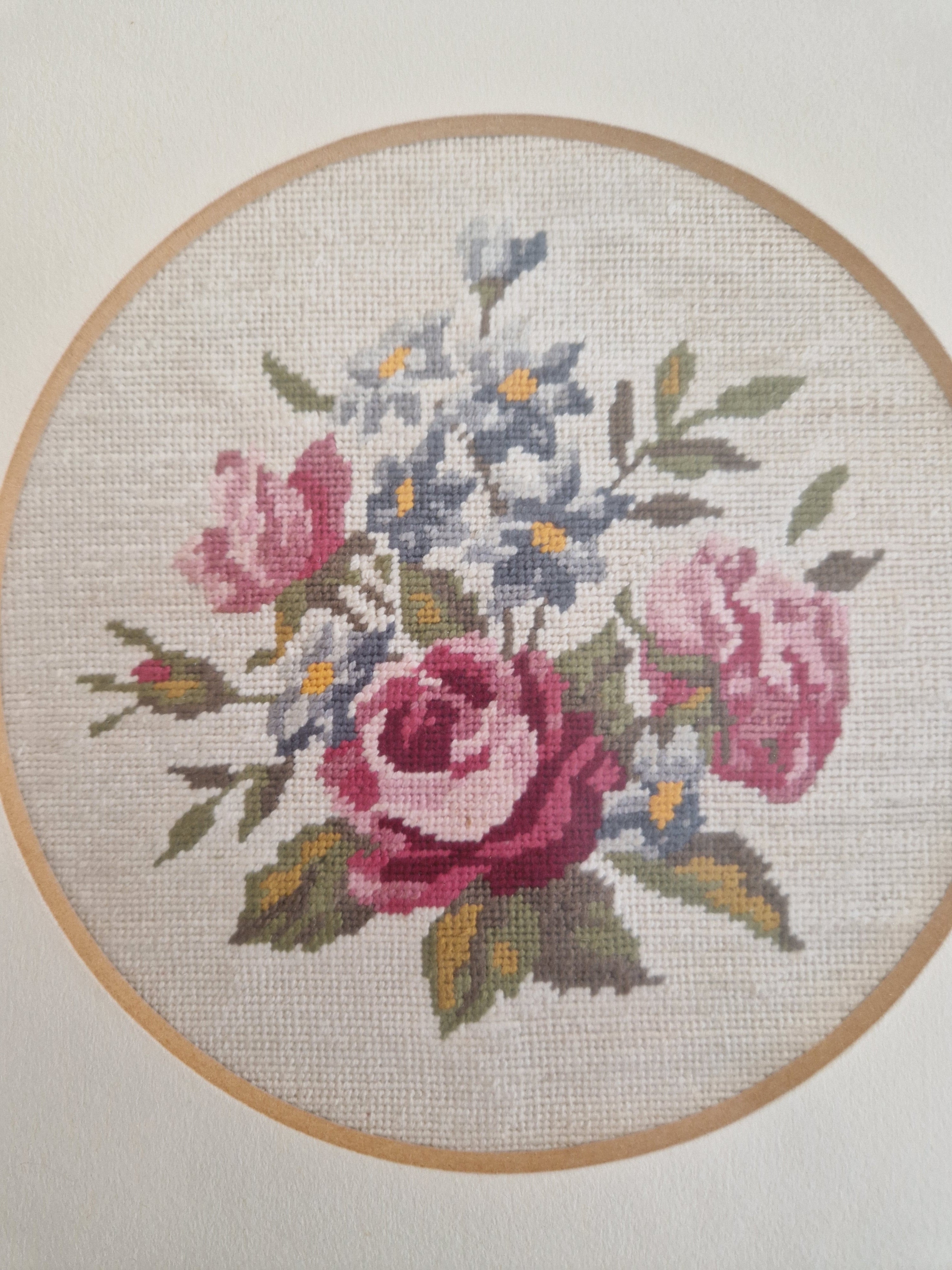 Vintage Framed Floral Needlepoint – Roses & Hydrangea Bouquet