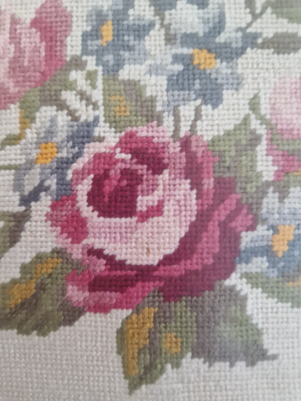 Vintage Framed Floral Needlepoint – Roses & Hydrangea Bouquet