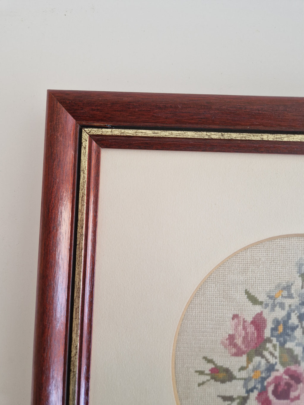 Vintage Framed Floral Needlepoint – Roses & Hydrangea Bouquet