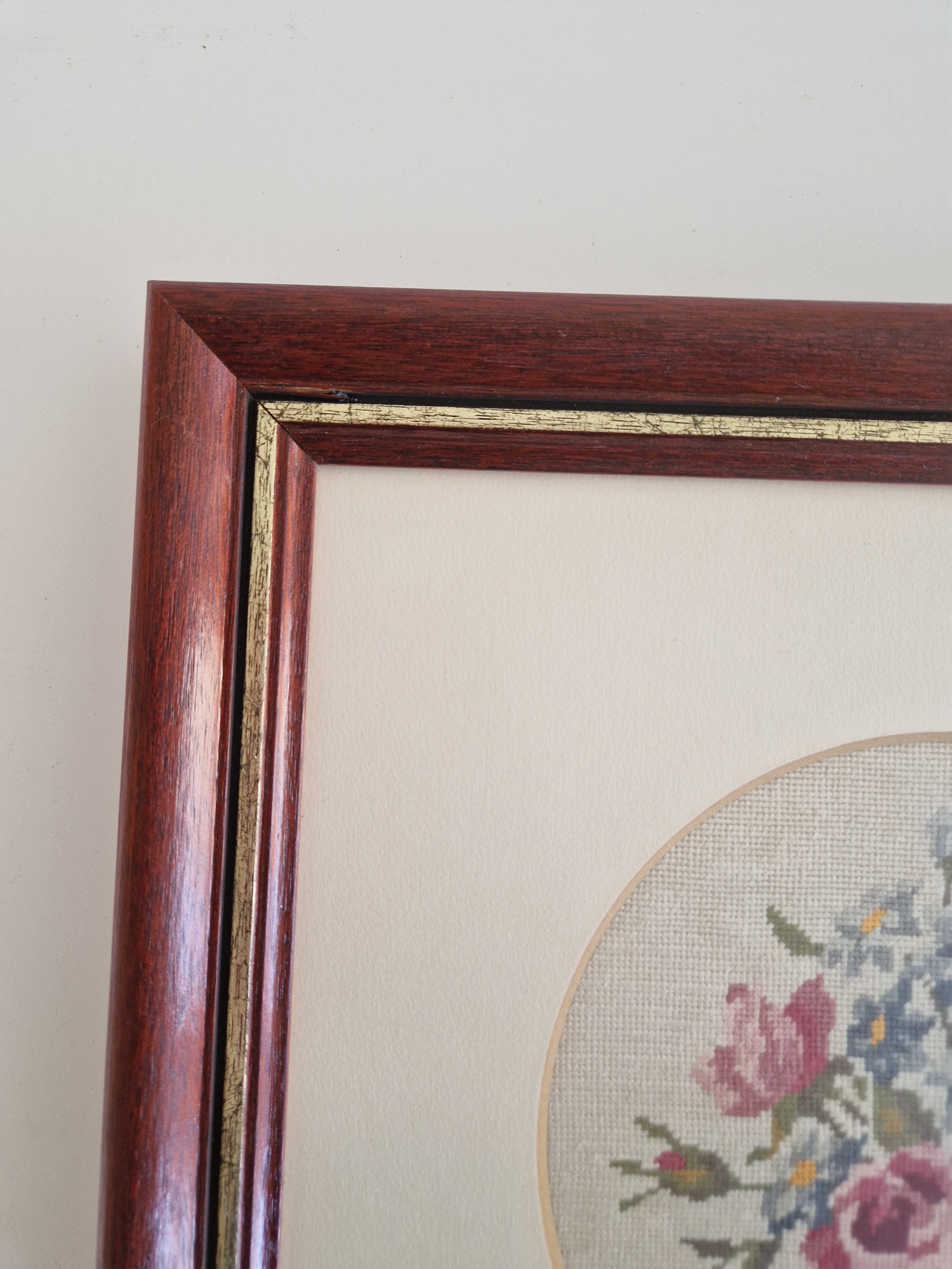 Vintage Framed Floral Needlepoint – Roses & Hydrangea Bouquet