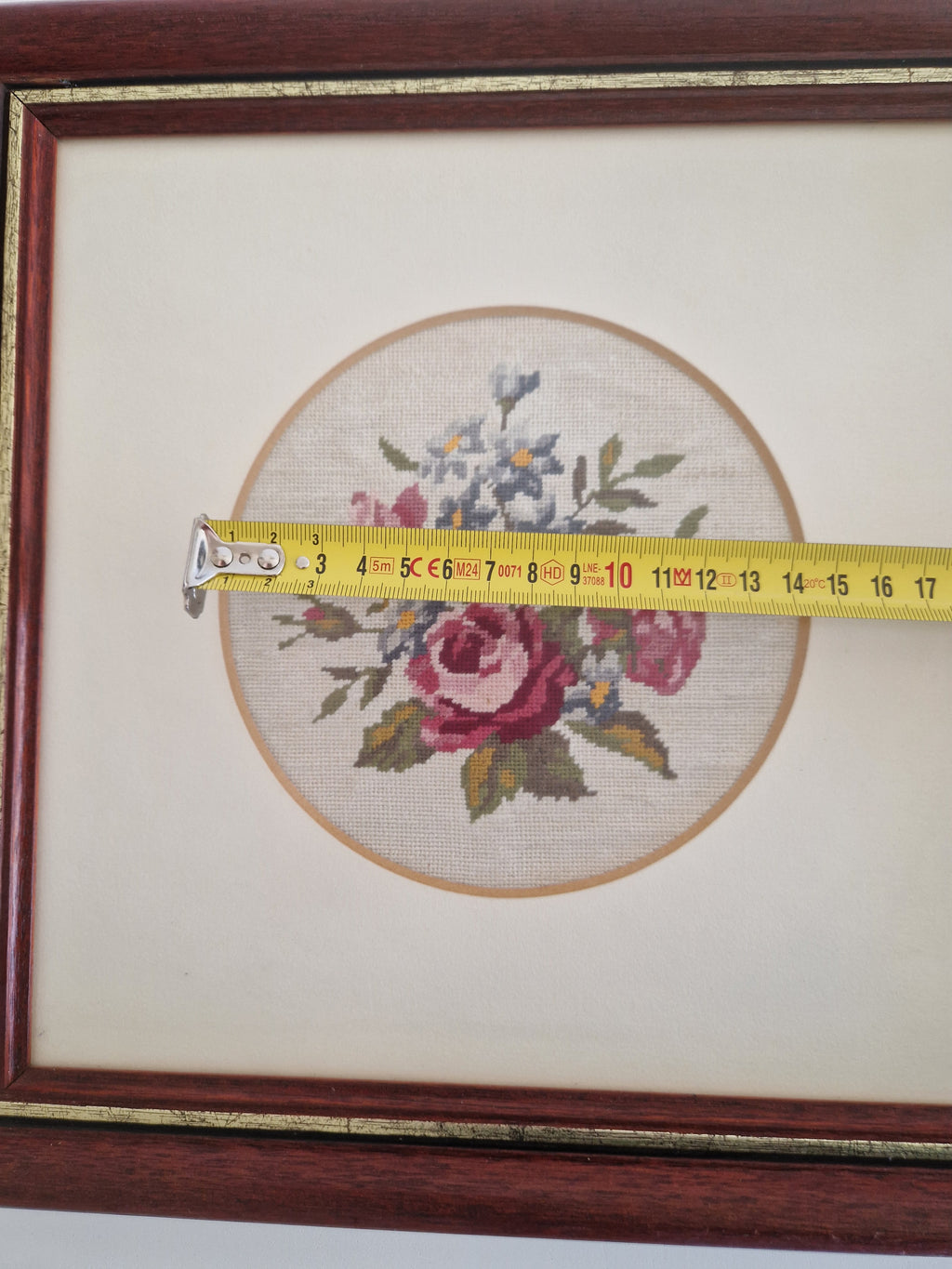 Vintage Framed Floral Needlepoint – Roses & Hydrangea Bouquet