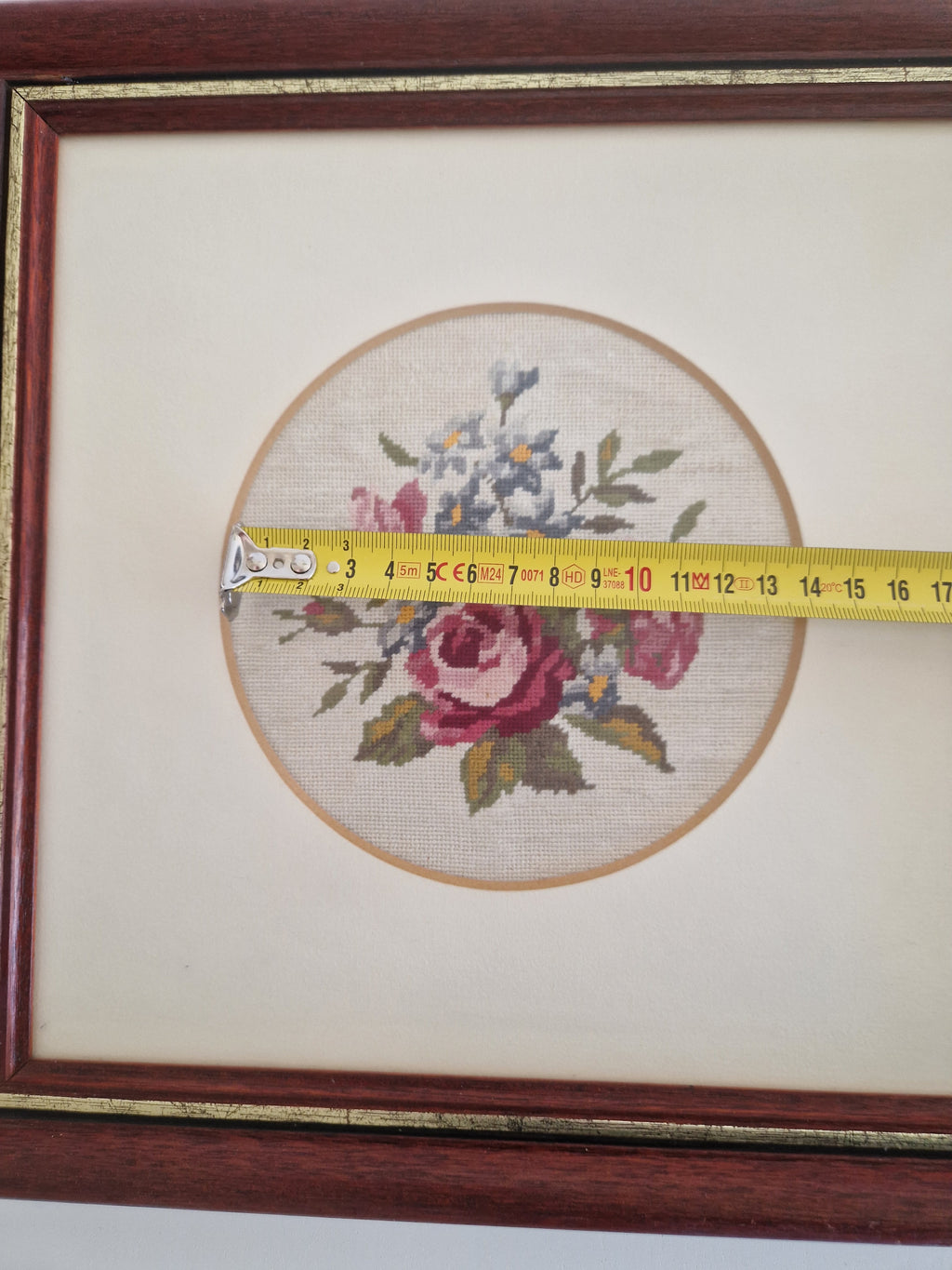 Vintage Framed Floral Needlepoint – Roses & Hydrangea Bouquet