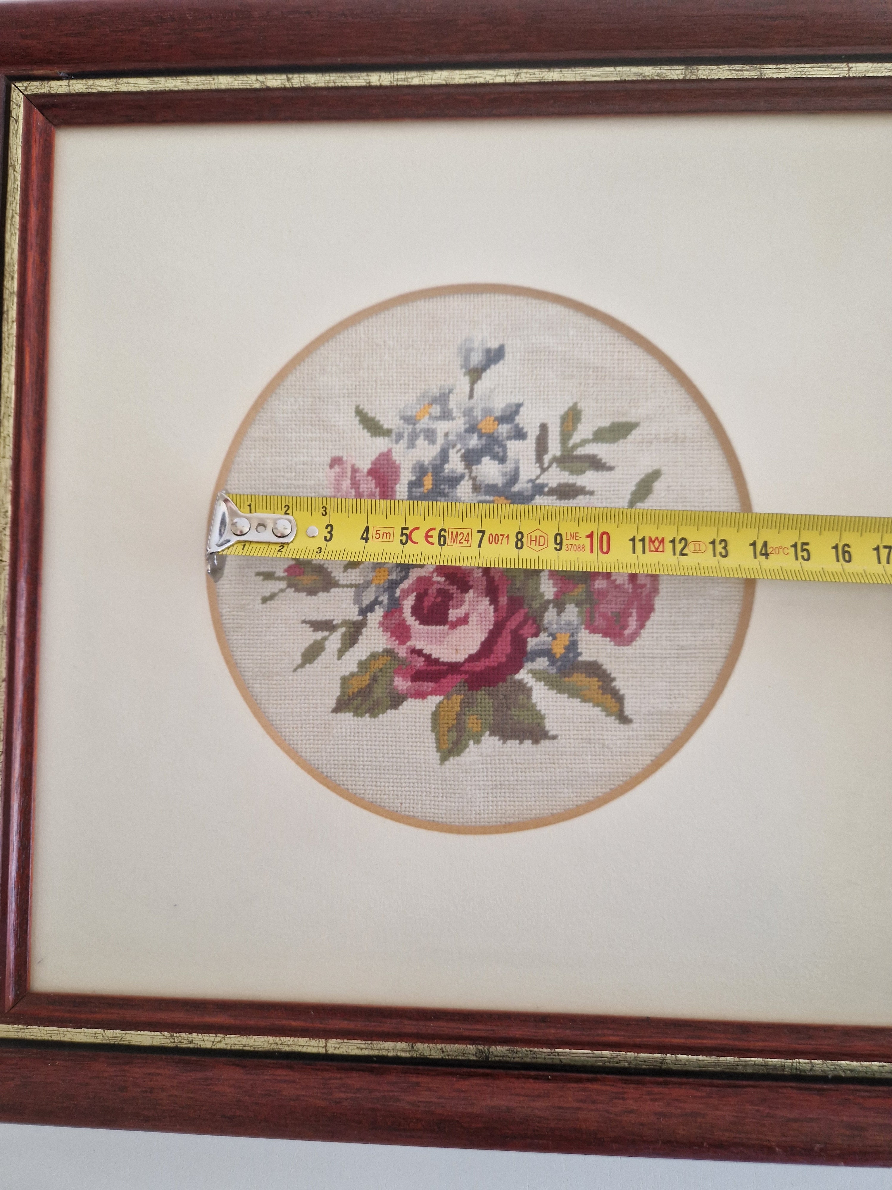 Vintage Framed Floral Needlepoint – Roses & Hydrangea Bouquet