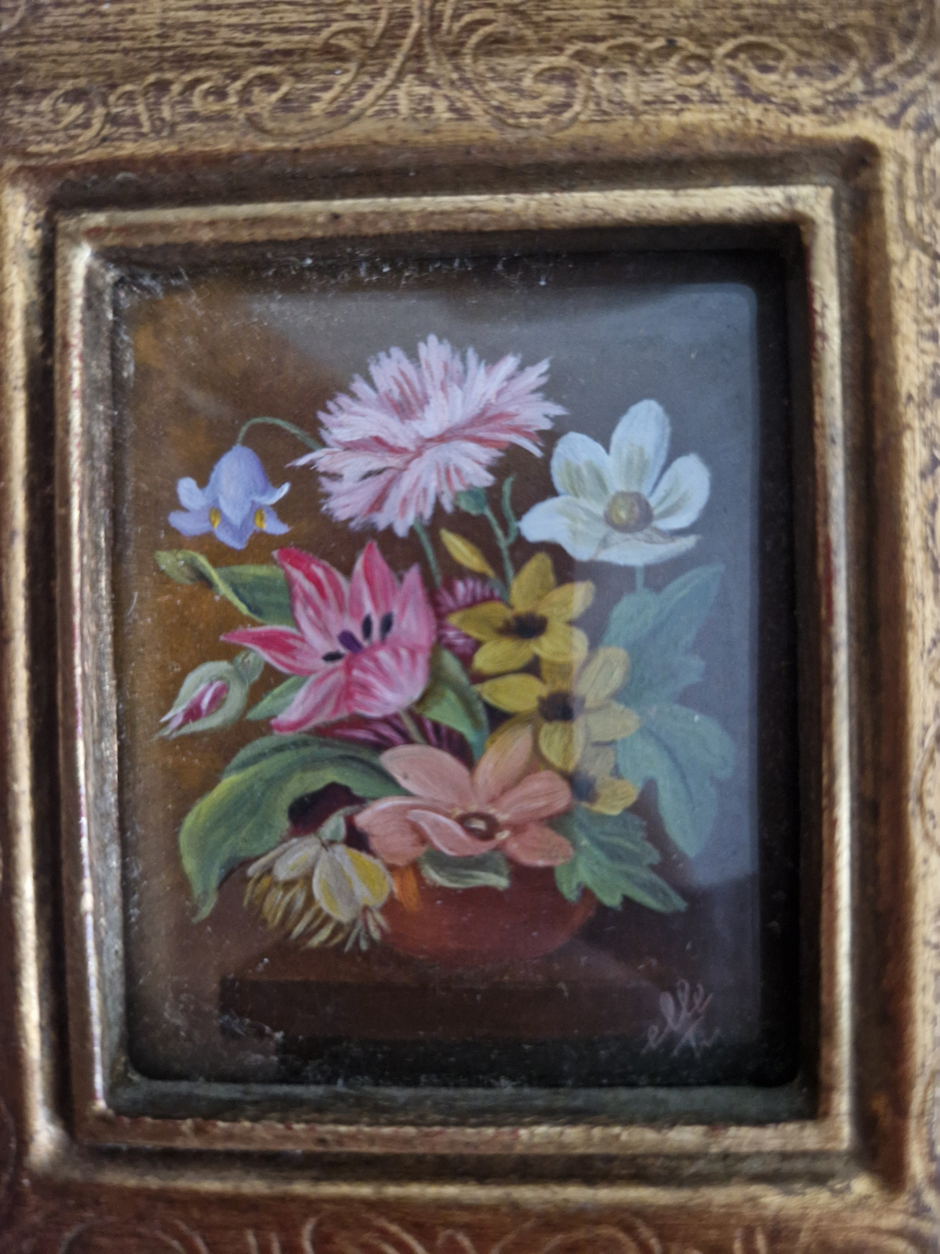 Paar antiker Miniatur-Ölgemälde mit Blumenmotiven in verzierten Goldrahmen