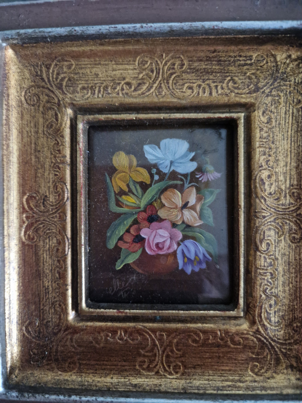 Paar antiker Miniatur-Ölgemälde mit Blumenmotiven in verzierten Goldrahmen