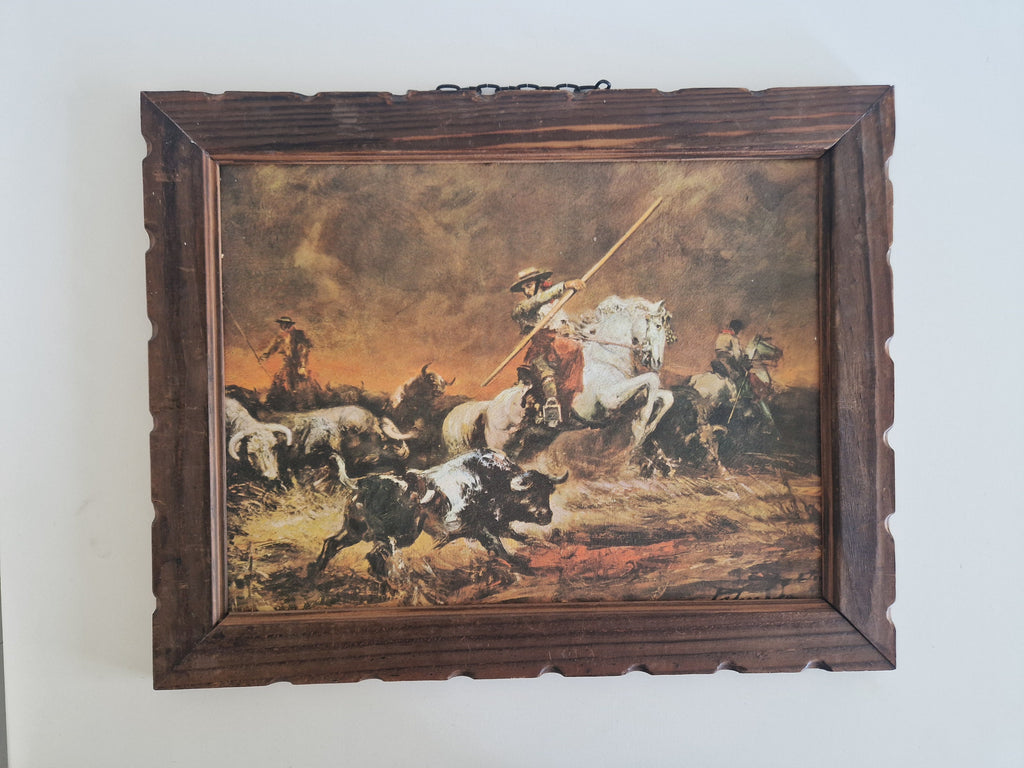 Antikes Ölgemälde – Spanische romantische Stierkampfszene | Picadore zu Pferd | Geschnitzter Walnussrahmen | 46 × 36 cm