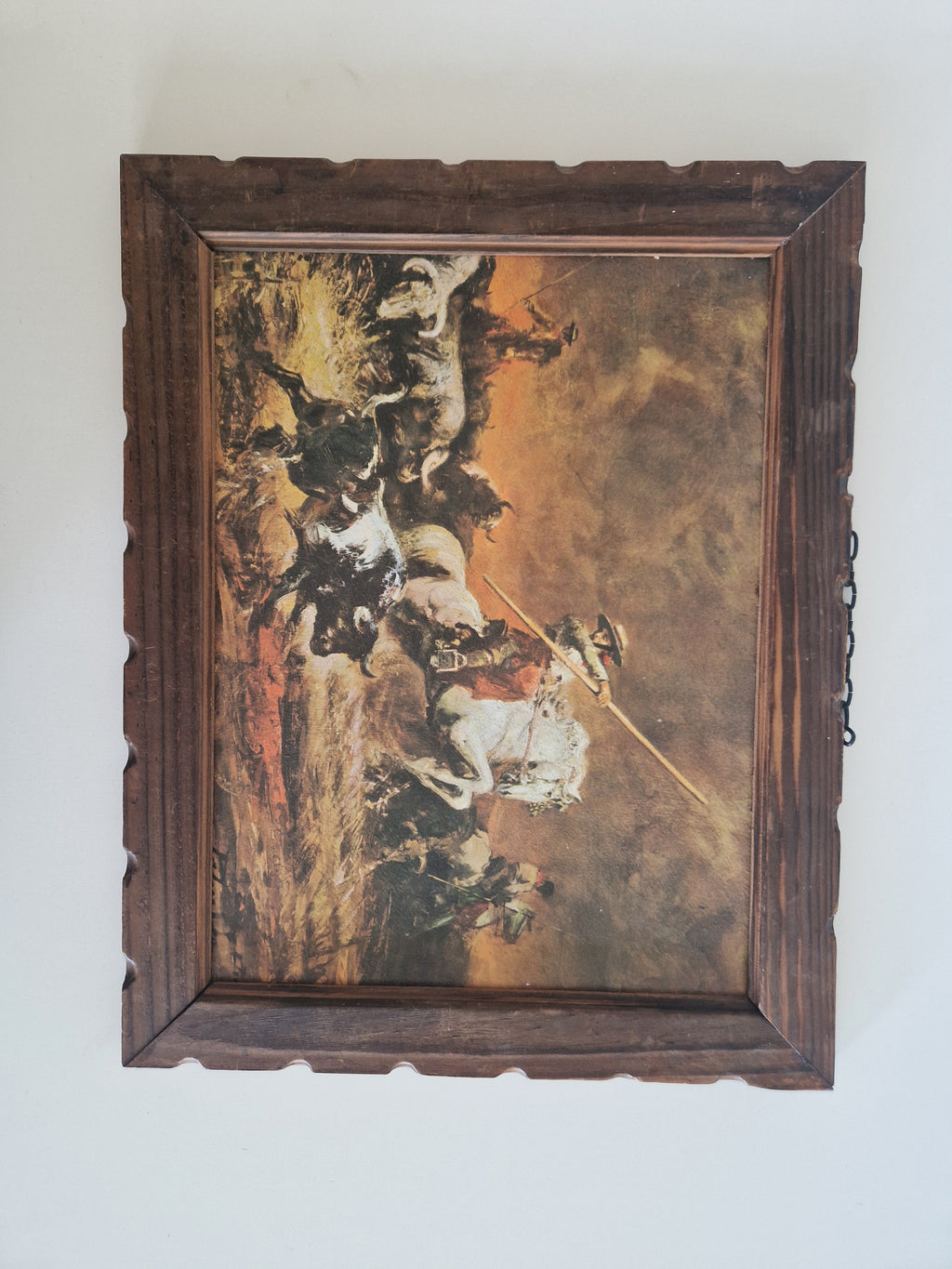 Antikes Ölgemälde – Spanische romantische Stierkampfszene | Picadore zu Pferd | Geschnitzter Walnussrahmen | 46 × 36 cm