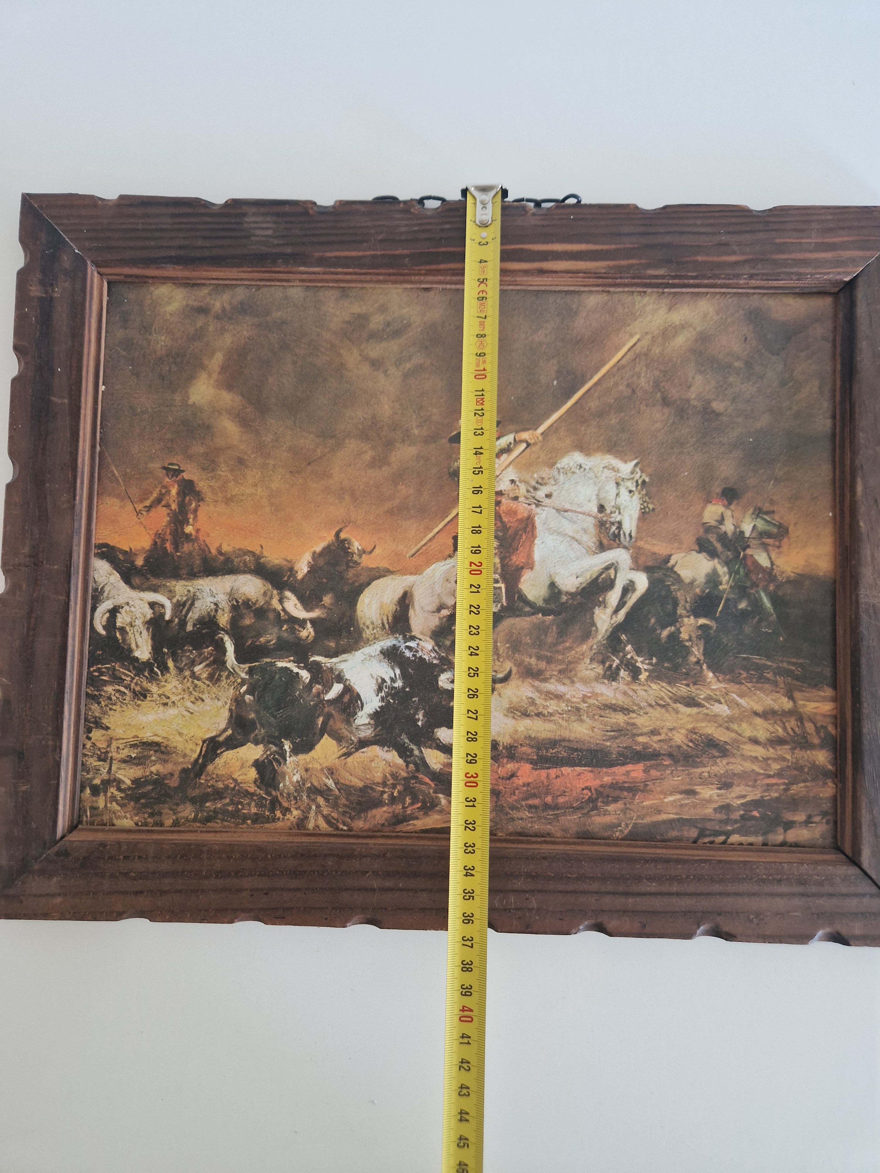 Antikes Ölgemälde – Spanische romantische Stierkampfszene | Picadore zu Pferd | Geschnitzter Walnussrahmen | 46 × 36 cm