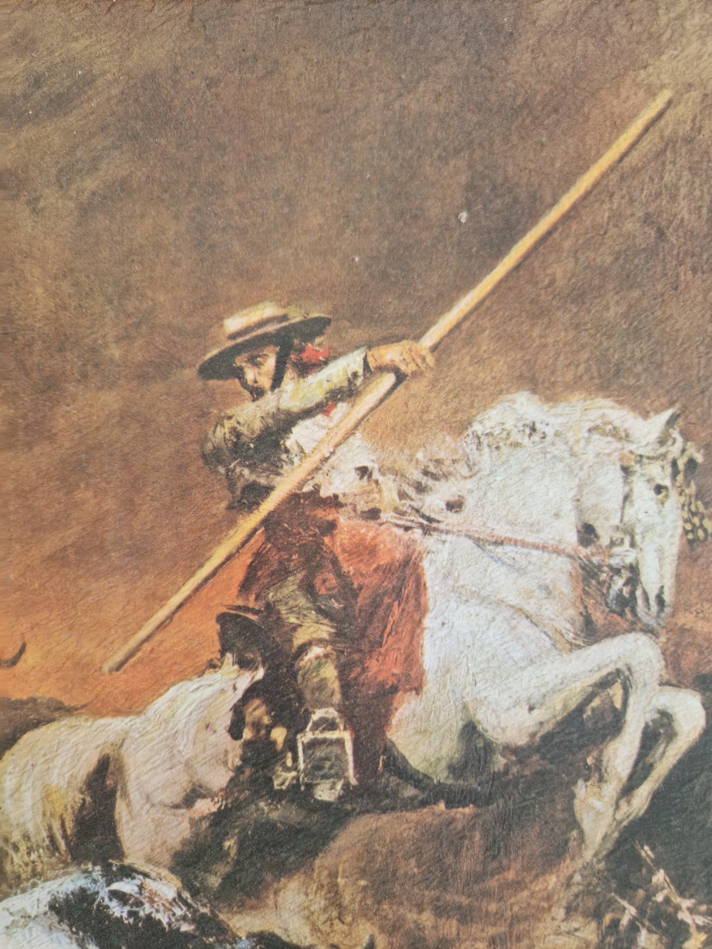 Antikes Ölgemälde – Spanische romantische Stierkampfszene | Picadore zu Pferd | Geschnitzter Walnussrahmen | 46 × 36 cm
