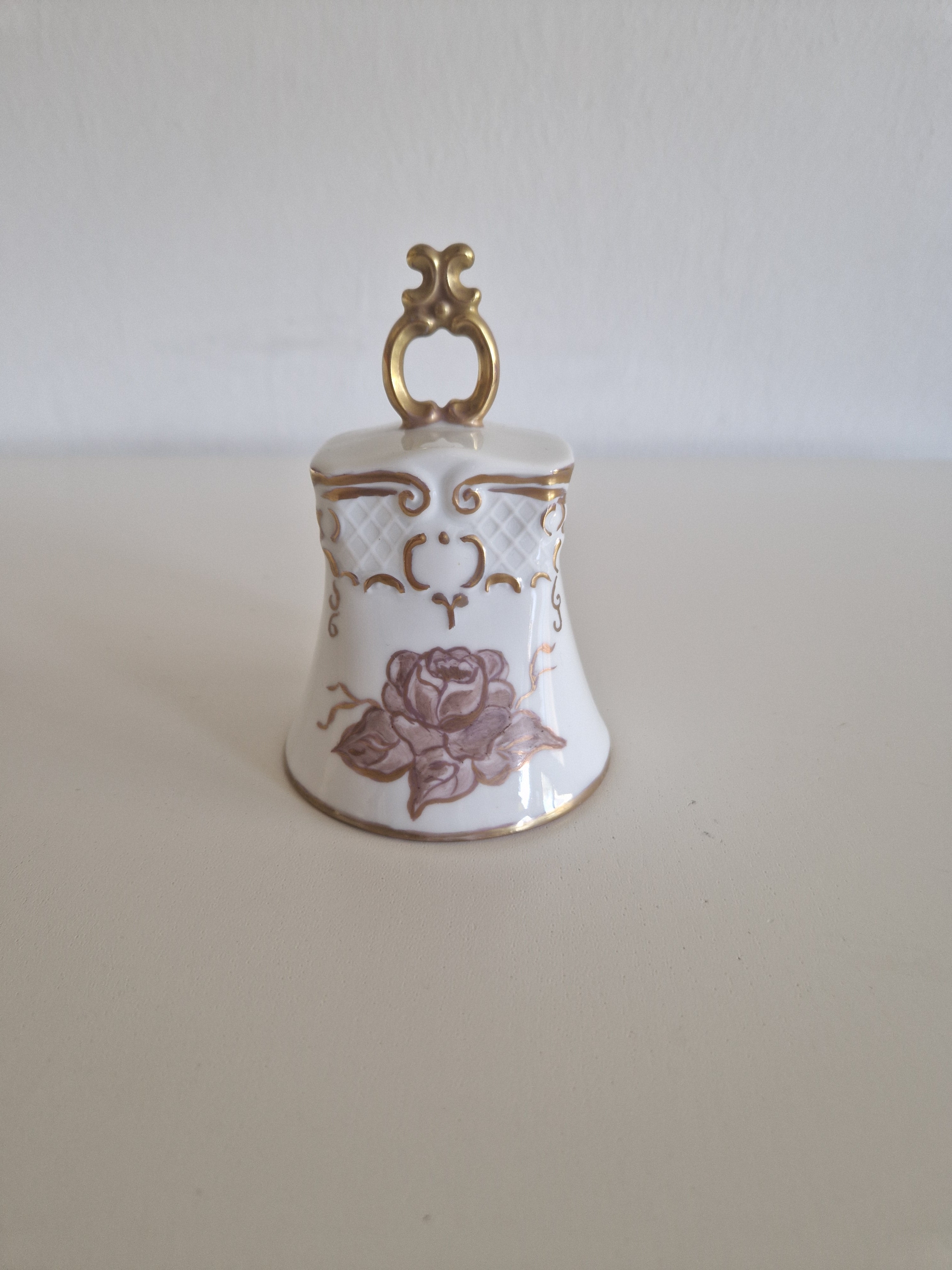 Vintage Hand-Painted Porcelain Bell — Gold Rococo Scrollwork & Rose Motif