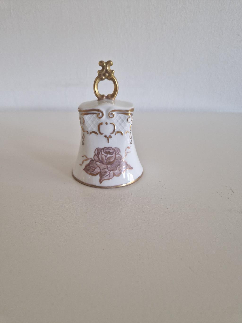 Vintage Hand-Painted Porcelain Bell — Gold Rococo Scrollwork & Rose Motif