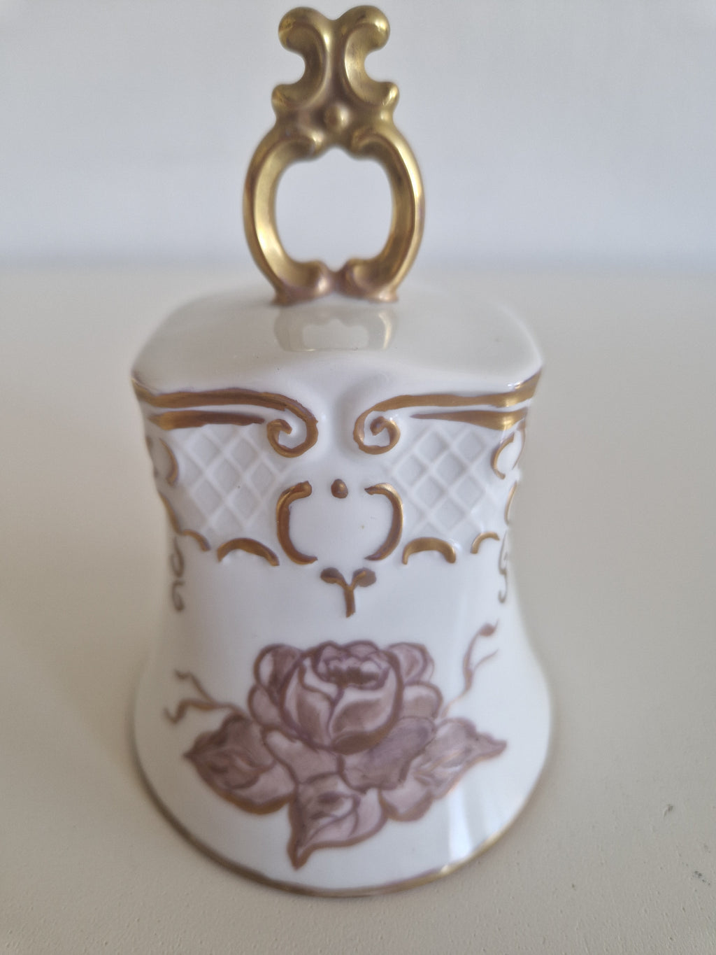 Vintage Hand-Painted Porcelain Bell — Gold Rococo Scrollwork & Rose Motif