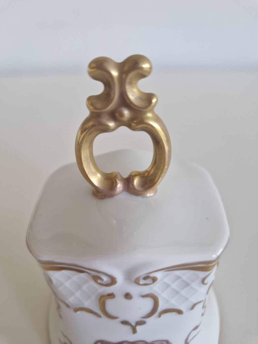 Vintage Hand-Painted Porcelain Bell — Gold Rococo Scrollwork & Rose Motif