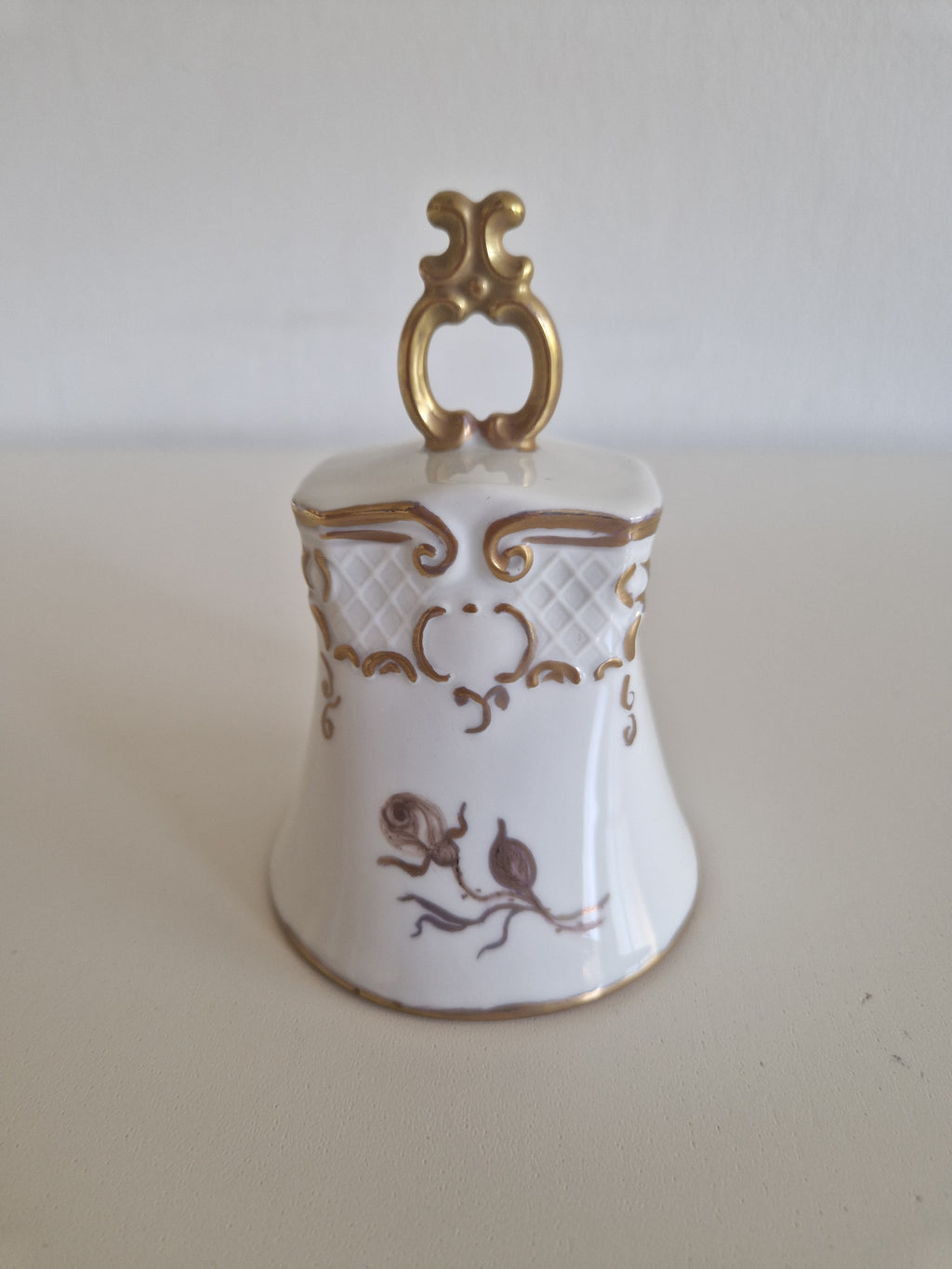 Vintage Hand-Painted Porcelain Bell — Gold Rococo Scrollwork & Rose Motif