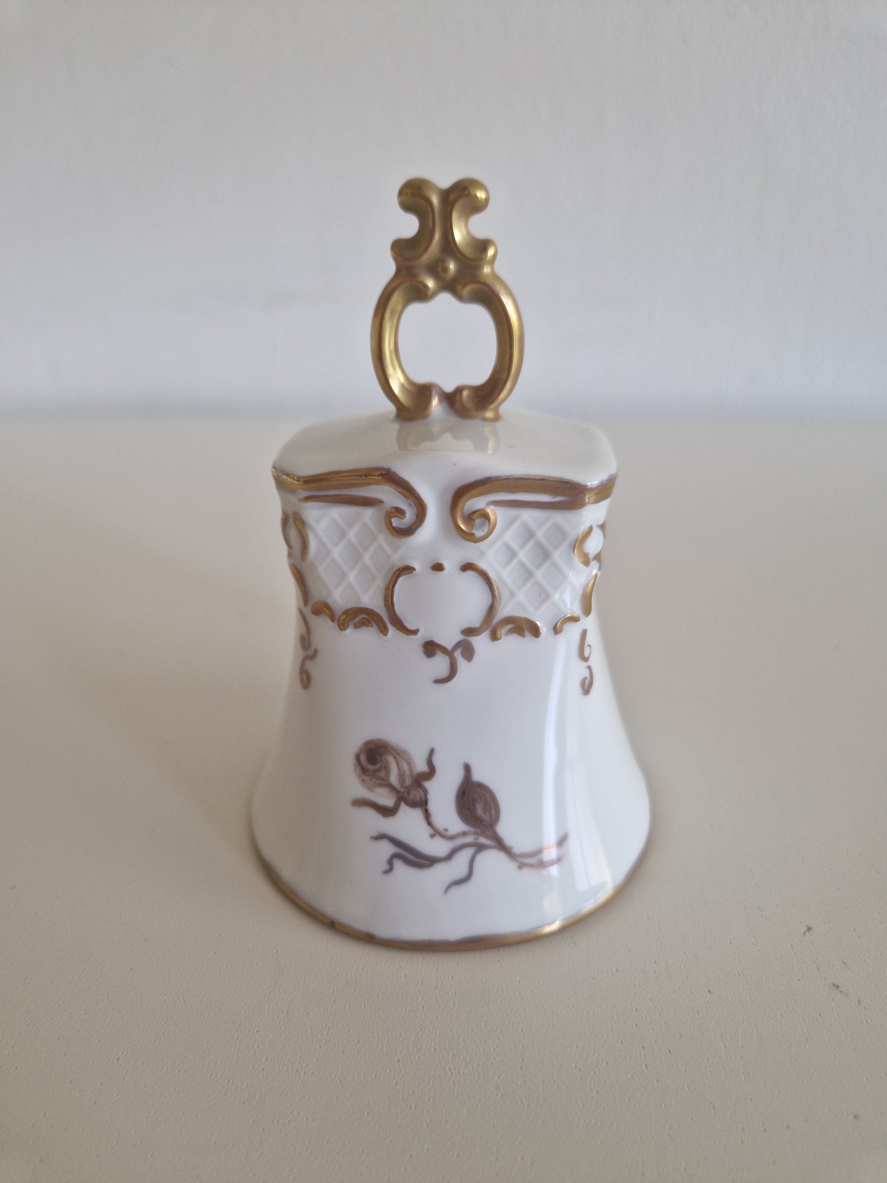 Vintage Hand-Painted Porcelain Bell — Gold Rococo Scrollwork & Rose Motif