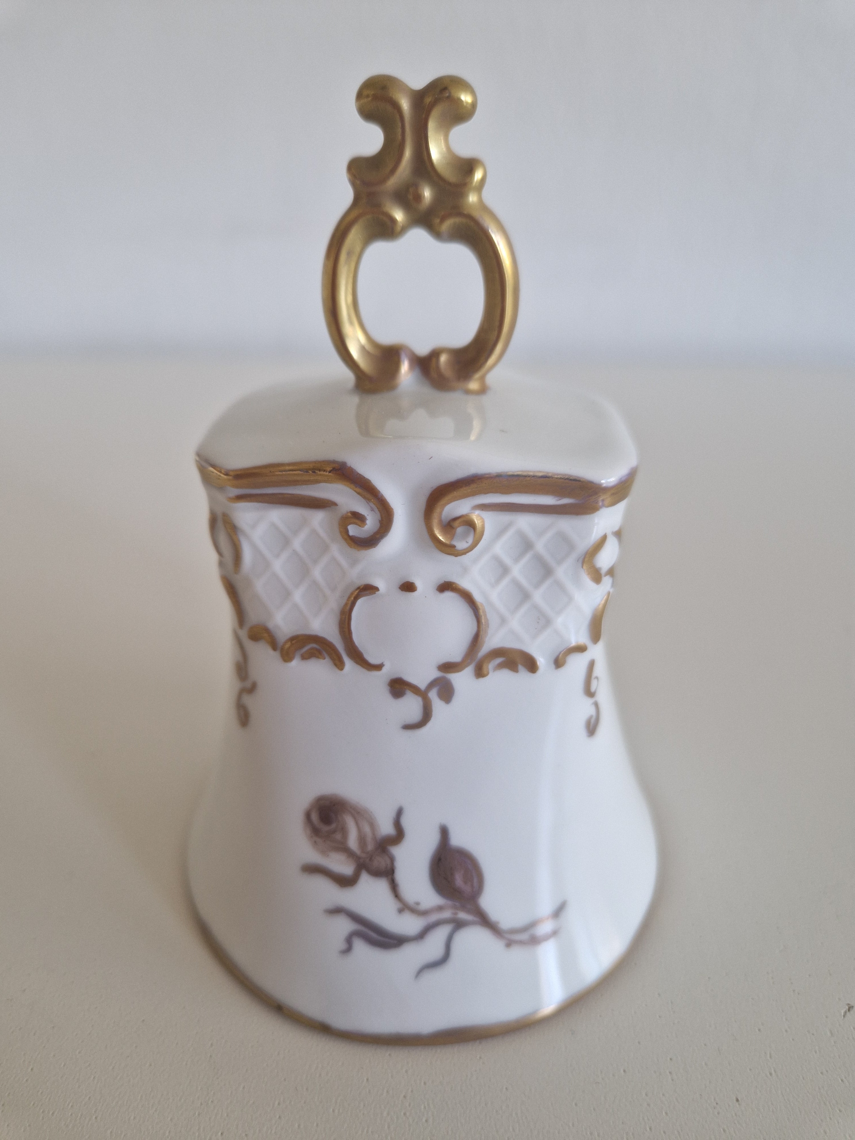 Vintage Hand-Painted Porcelain Bell — Gold Rococo Scrollwork & Rose Motif
