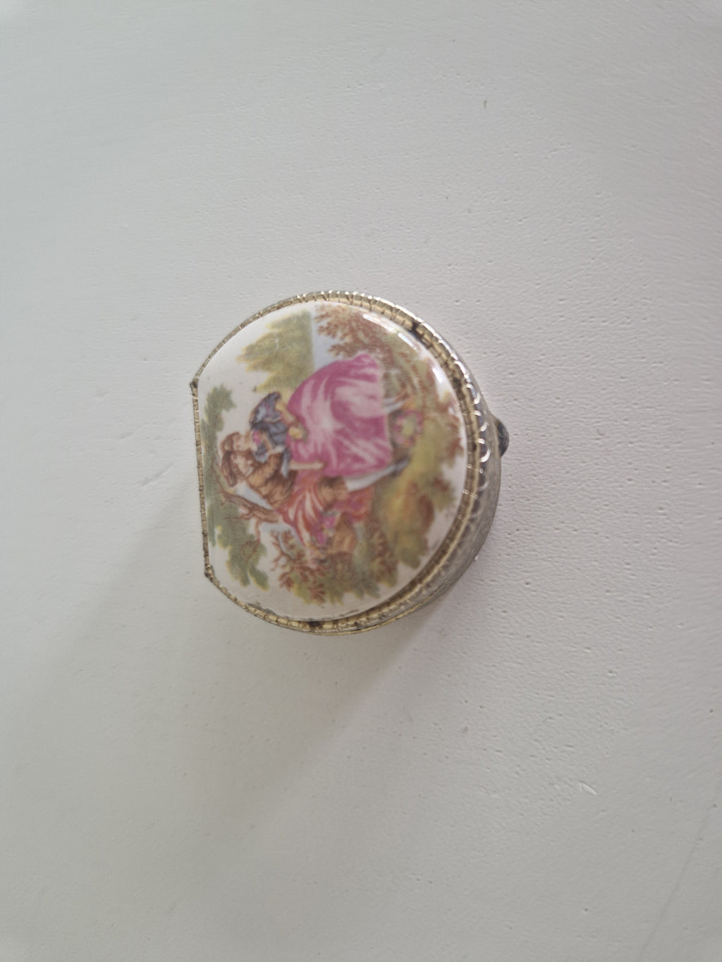 Vintage Miniature Pill Box with Fragonard-Style Porcelain Lid & Engraved Silver Body