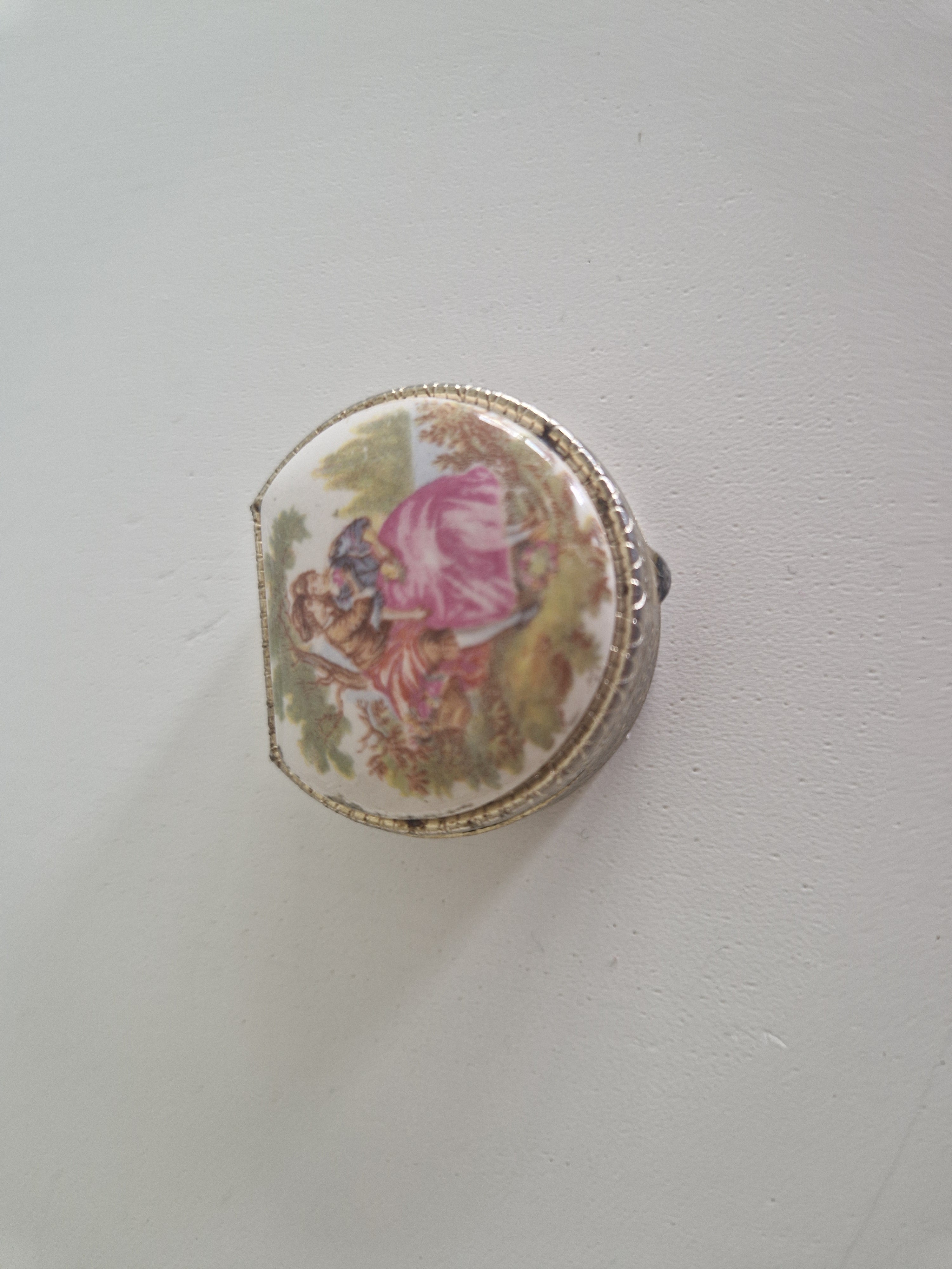 Vintage Miniature Pill Box with Fragonard-Style Porcelain Lid & Engraved Silver Body