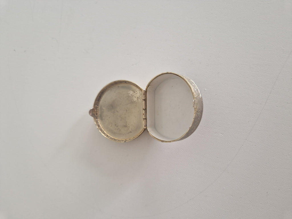 Vintage Miniature Pill Box with Fragonard-Style Porcelain Lid & Engraved Silver Body