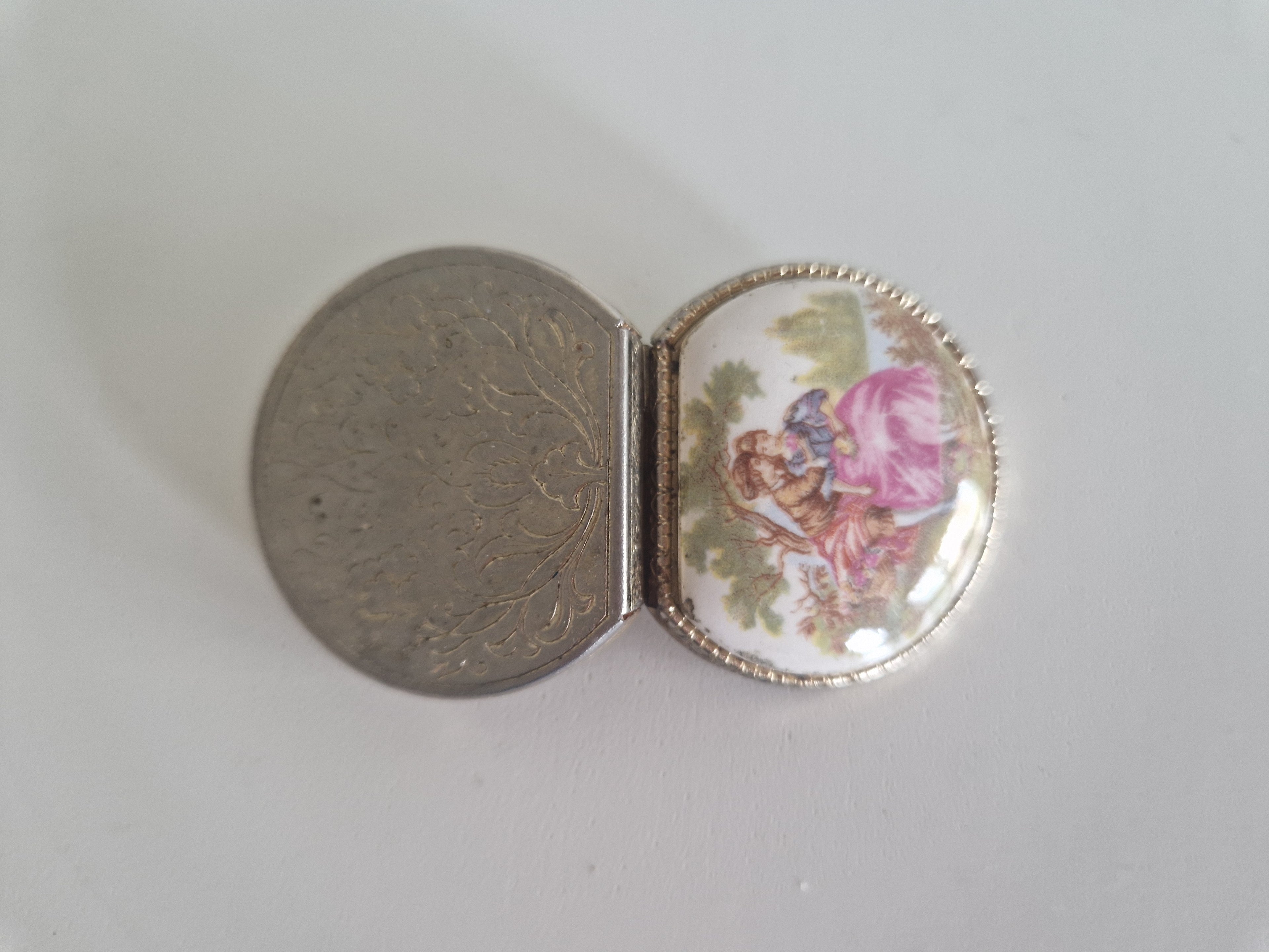 Vintage Miniature Pill Box with Fragonard-Style Porcelain Lid & Engraved Silver Body