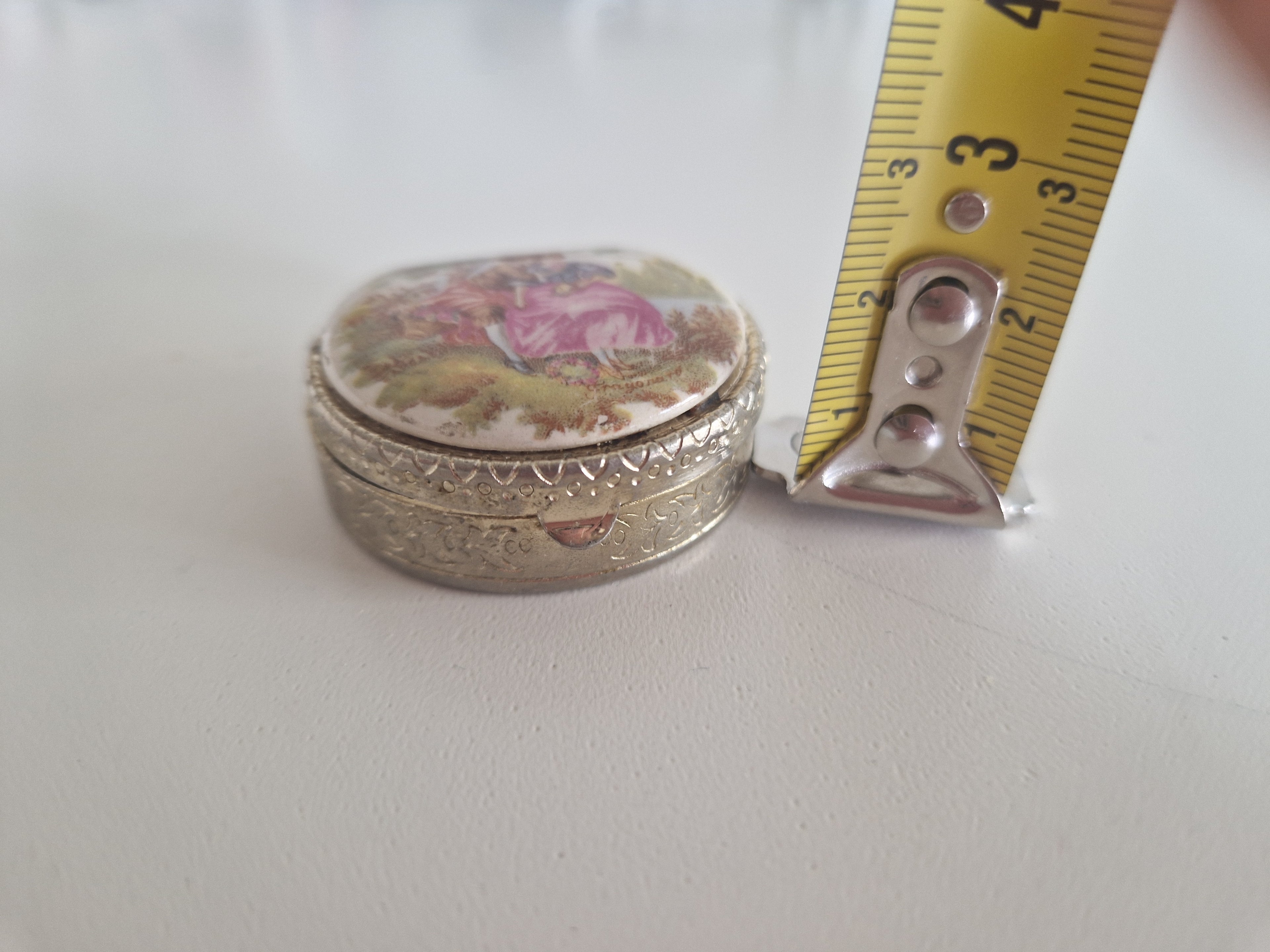Vintage Miniature Pill Box with Fragonard-Style Porcelain Lid & Engraved Silver Body