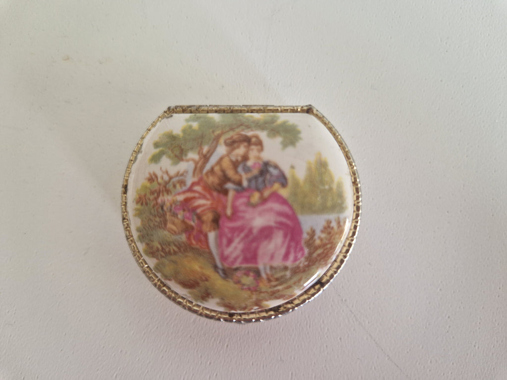 Vintage Miniature Pill Box with Fragonard-Style Porcelain Lid & Engraved Silver Body