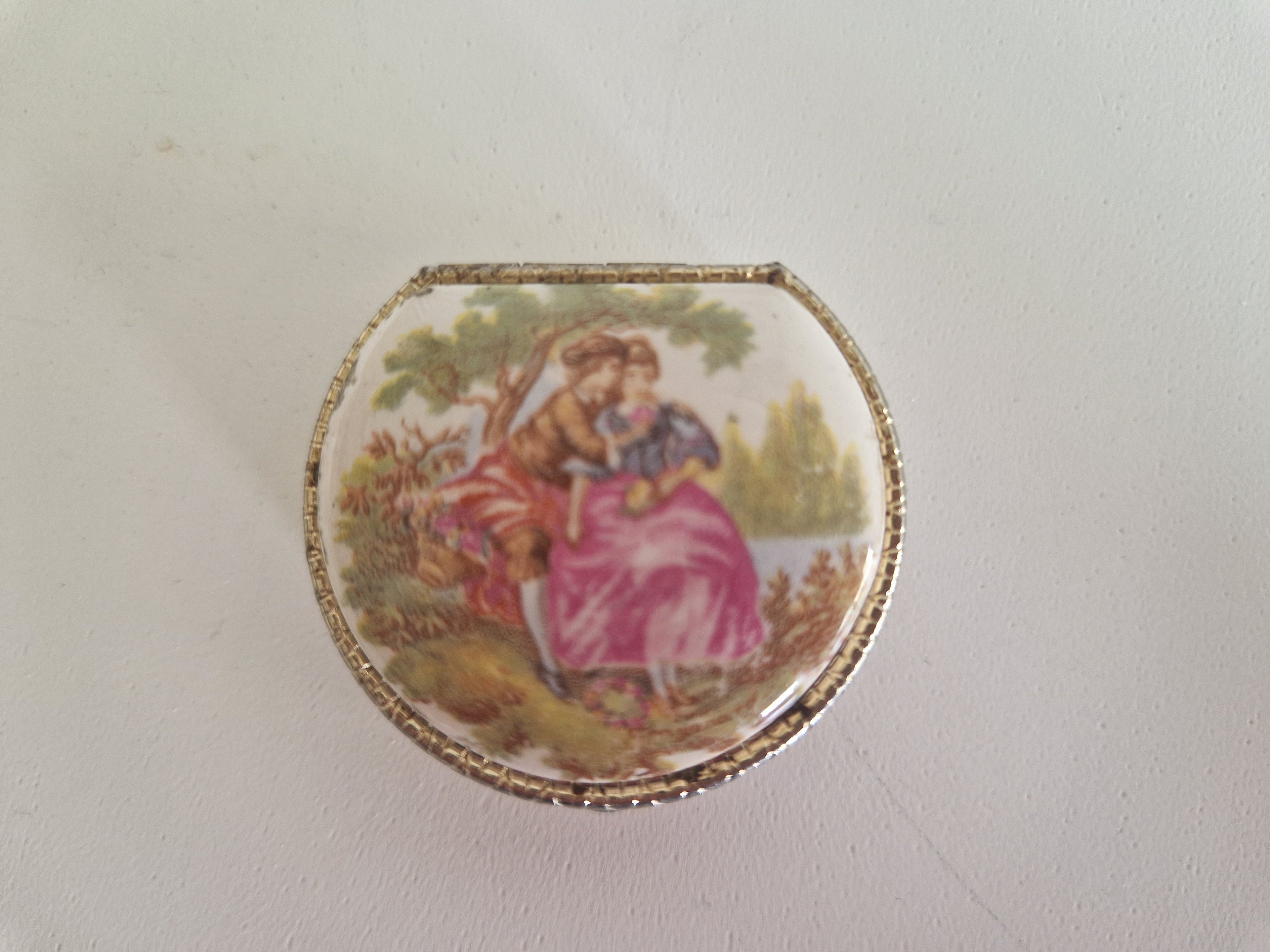 Vintage Miniature Pill Box with Fragonard-Style Porcelain Lid & Engraved Silver Body