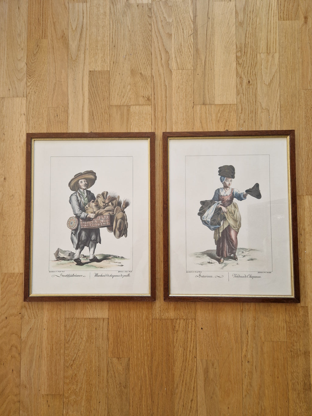 Pair of Antique Hand-Coloured Engravings – Viennese Street Traders | Strohhutträmer & Hutterinn | L. Brand / Seb. Mansfeld | Framed