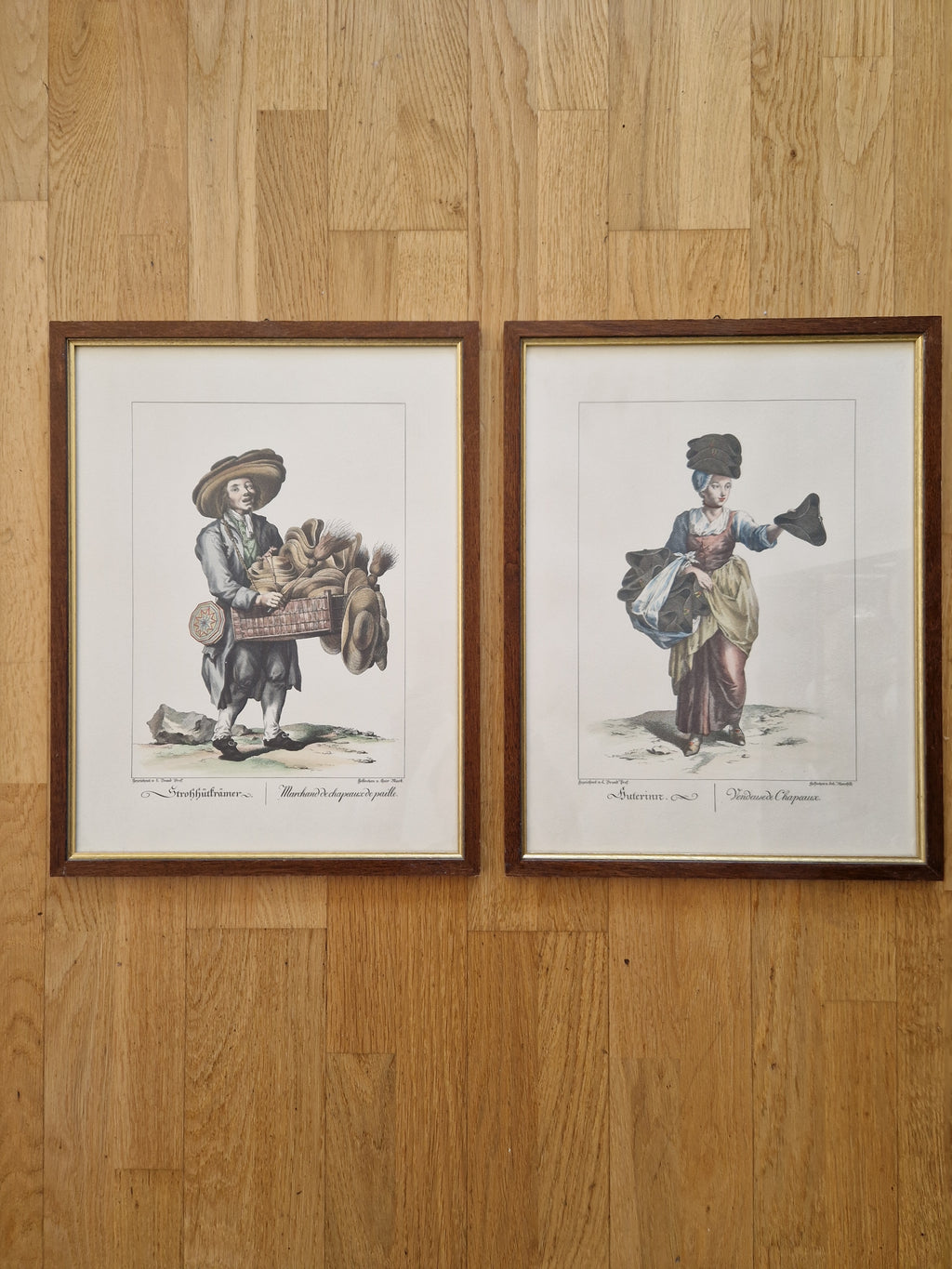 Pair of Antique Hand-Coloured Engravings – Viennese Street Traders | Strohhutträmer & Hutterinn | L. Brand / Seb. Mansfeld | Framed