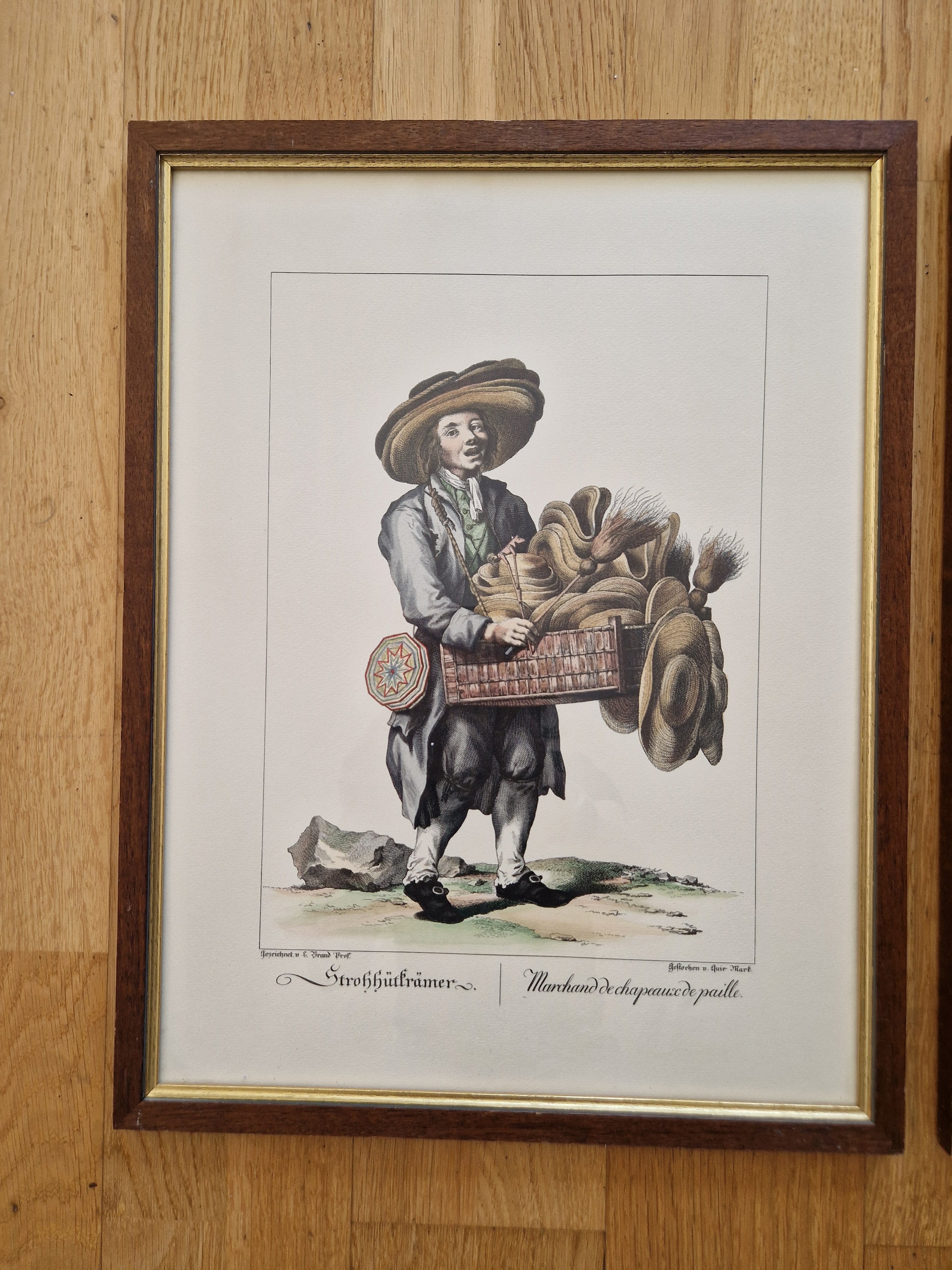 Pair of Antique Hand-Coloured Engravings – Viennese Street Traders | Strohhutträmer & Hutterinn | L. Brand / Seb. Mansfeld | Framed