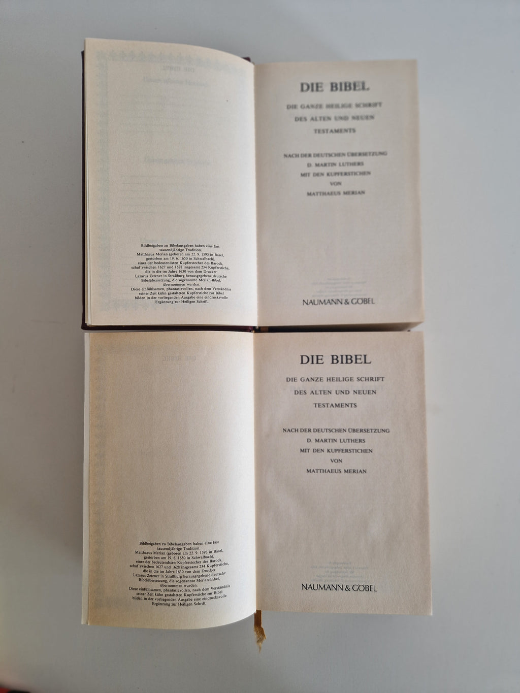 Die Bibel – Lot de 2 volumes | Ancien et Nouveau Testament complets | Traduction de Luther | Gravures de Matthaeus Merian | Naumann & Göbel