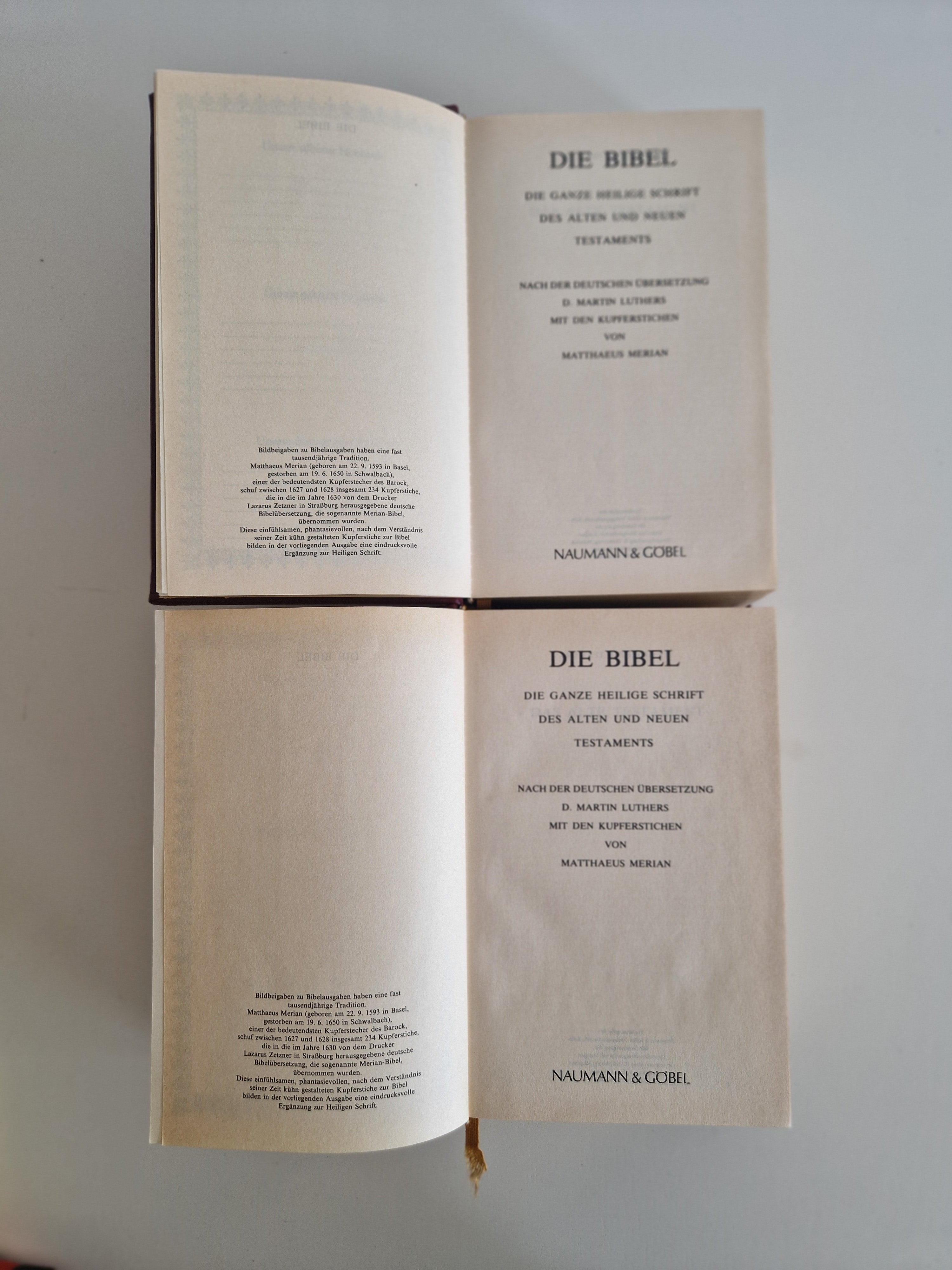 Die Bibel – Lot de 2 volumes | Ancien et Nouveau Testament complets | Traduction de Luther | Gravures de Matthaeus Merian | Naumann & Göbel
